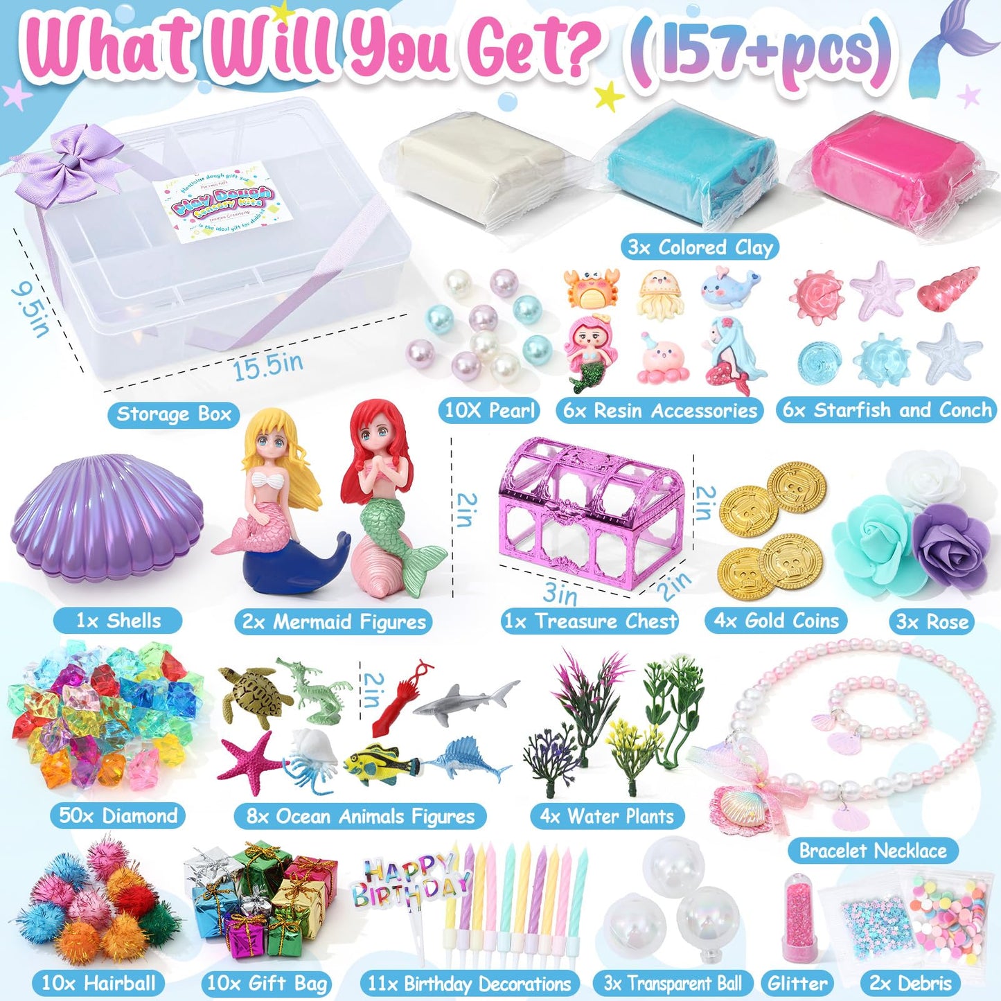 Golray Mermaid Sensory Dough Kit - Play Dough Set with 3 Packs of Playdough, 2 Mermaid Figures, Marine Animals & Plants Toys and Decorative Accessories, Sensory Toys Gifts for Kids & Toddlers