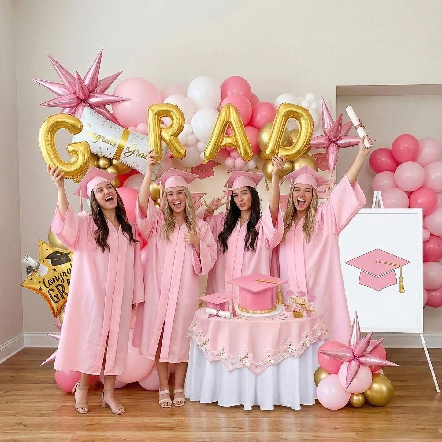 Pink and White Gold Grad Balloon garland arch kit 145pcs With Large Gold Star GRAD Letter balloons for 2026 graduations decorations Prom girl's birthday party supplies