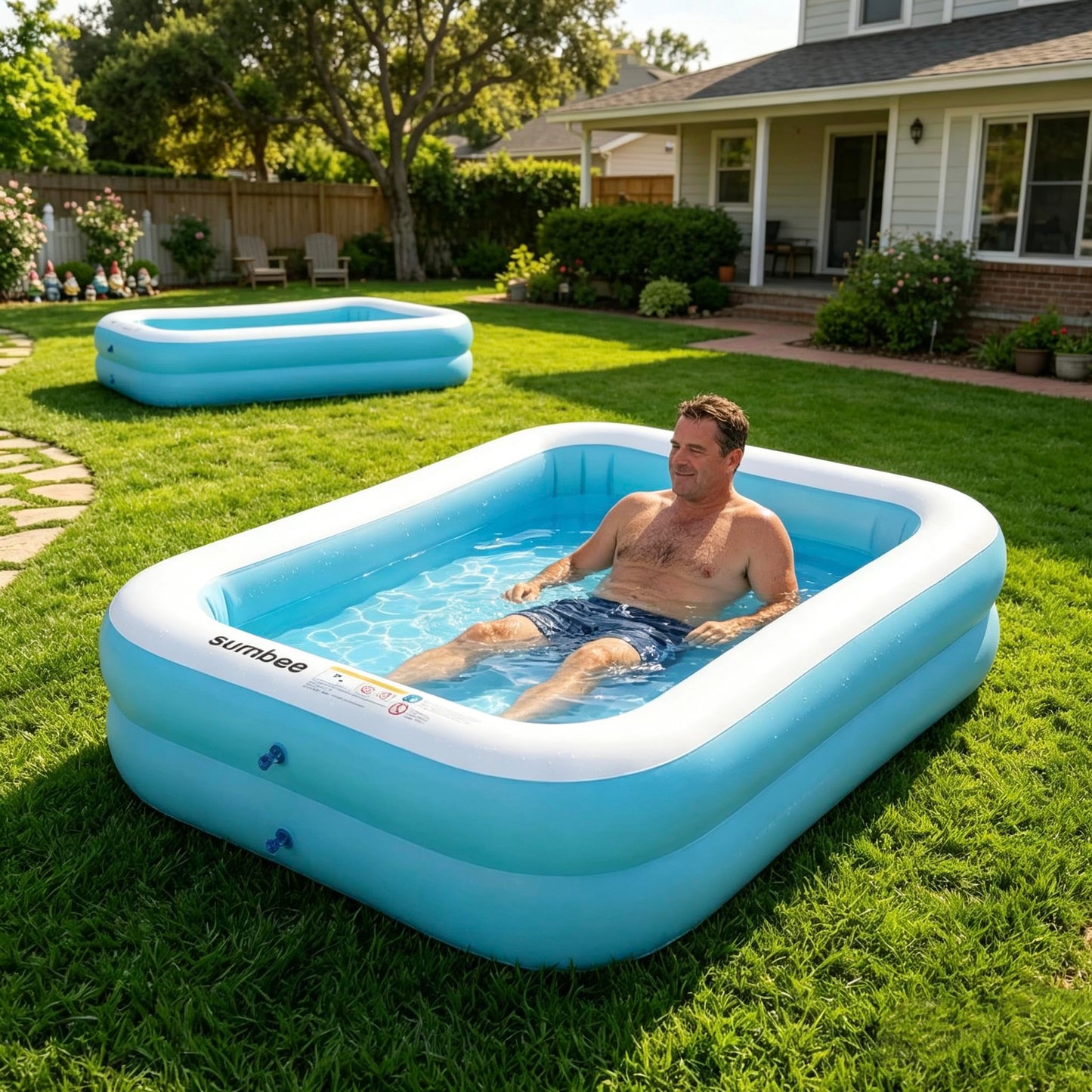 Sumbee Inflatable Swimming Kiddie Pool for Adults Kids Ages 4-8-12, Size 103" X 69" X 20" Rectangle Blow Up Family Pool for Children Backyard Outdoor Garden Summer Water Party Full-Sized Light Blue
