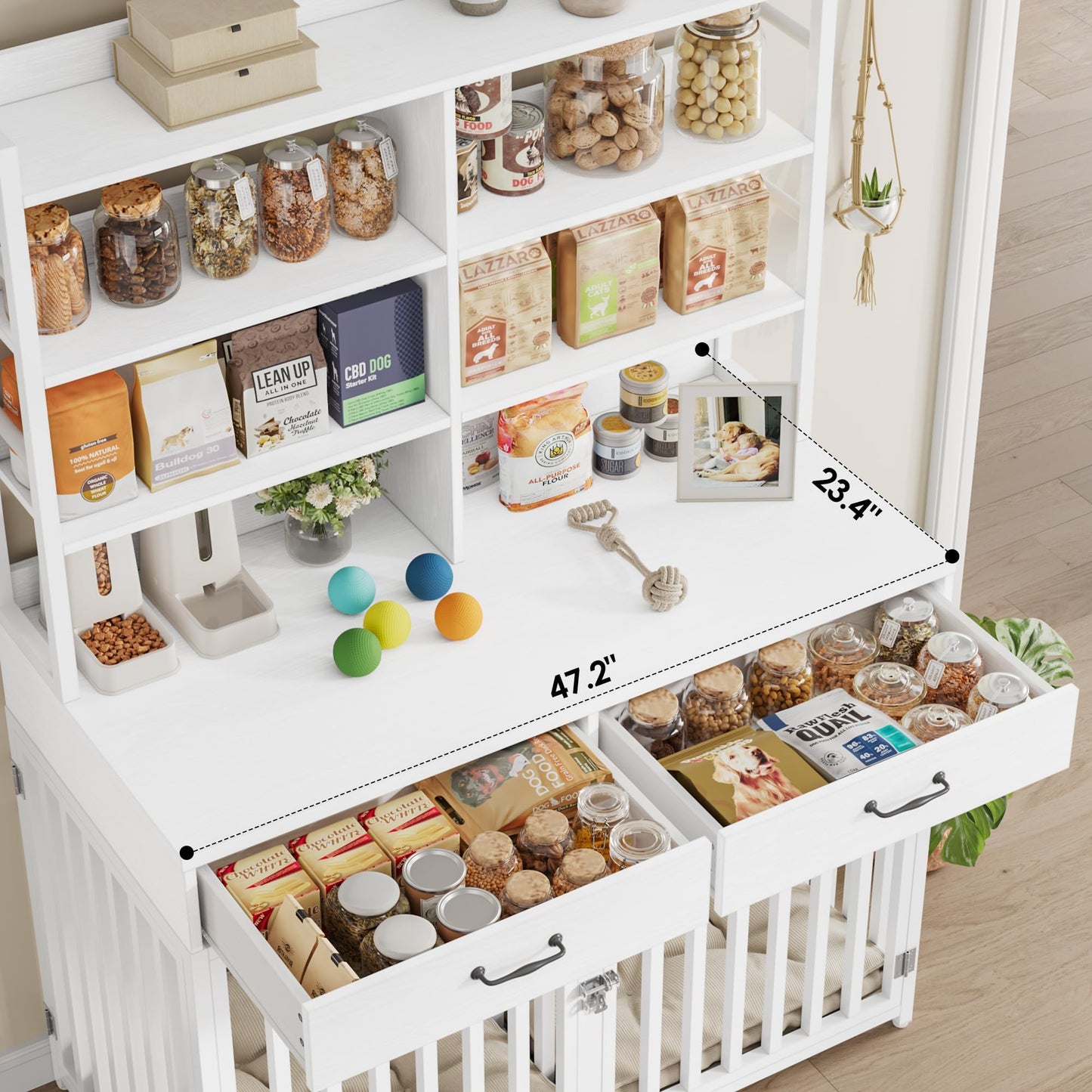 Keyluv 71''H x 47.2''W Large Dog Crate Furniture with 4-Tier Shelves and 2 Storage Drawers, Heavy Duty Dog Cage Furniture with 2 Doors, Wood & Metal Dog Kennel Indoor for Small/Medium/Large Dog, White