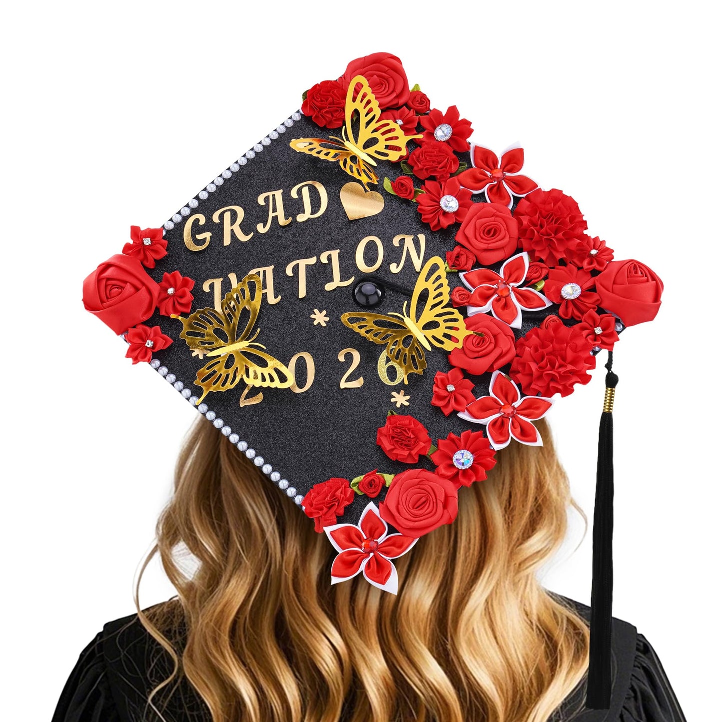 VISSTREE DIY Graduation Cap Decoration, 56 Pcs Cap Decorations for Graduation Kit 2026 DIY Grad Cap Graduation Gift with Red Paper Flowers 3D Glitter Butterfly Custom Number Letter Stickers Decor