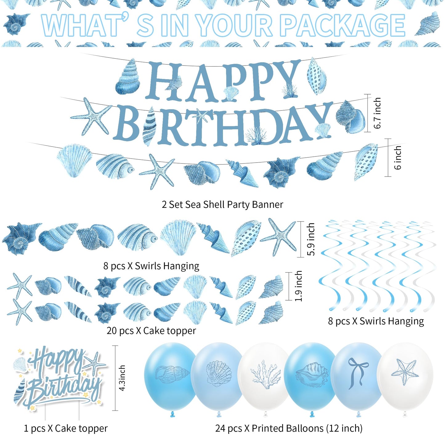 FVABO Ocean Seashell Birthday Decorations, Blue Sea Shell Party Supplies for Beach Summer Pretty Birthday Baby Shower, Plate, Cup, Napkin, Tablecloth, Banner, Balloon, Swirl, Topper, Cutlery, Serve 24