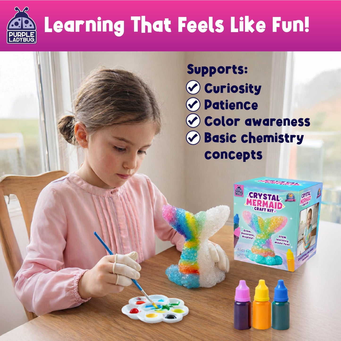 Crystal Growing Kit-Birthday Gifts for Kids Ages 6 7 8 9 10 11 12, Crystal Making Experiment For Girls, Grow Your Own Mermaid Crystal, STEM Kit For Girls, Fun Summer Vacation Science Activity For Kids