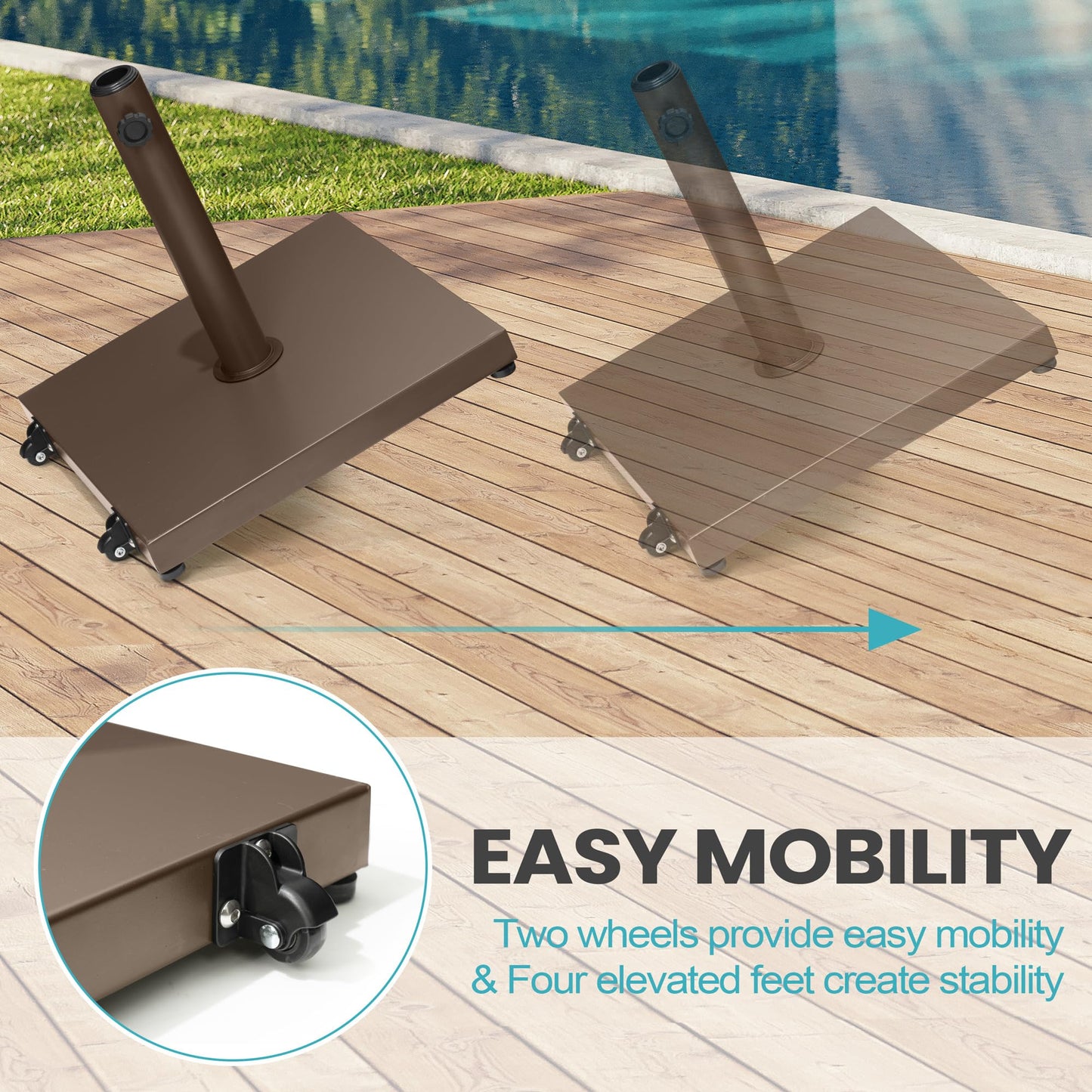VredHom Patio Umbrella Base 40lbs Outdoor Umbrella Stand with Wheels, Heavy Duty Square Concrete Stand Market Umbrella, Brown