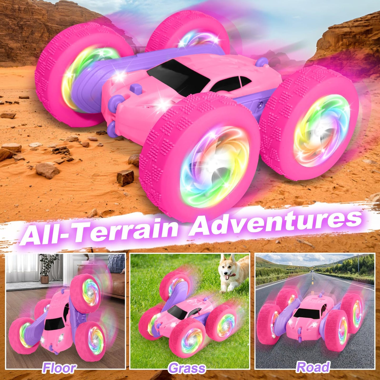 FDCTR Remote Control Car, RC Cars for Girls, 2.4 GHz Double Sided RC Crawler with Upgraded USB-C Modular Battery, 360°Rotating Car Toys for 6 7 8 9 10 11 12 Year Old Girl Birthday Gift Pink-Purple