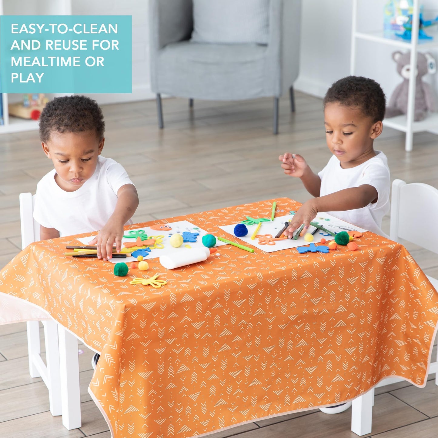Bumkins Baby Splat Mat for Under High Chair, Babies Toddlers Eating Mess Mat, Waterproof Reusable Cloth for Arts and Crafts, Playtime Mat for Kids, Floors or Tables, Fabric 42inx42in, Boho Orange