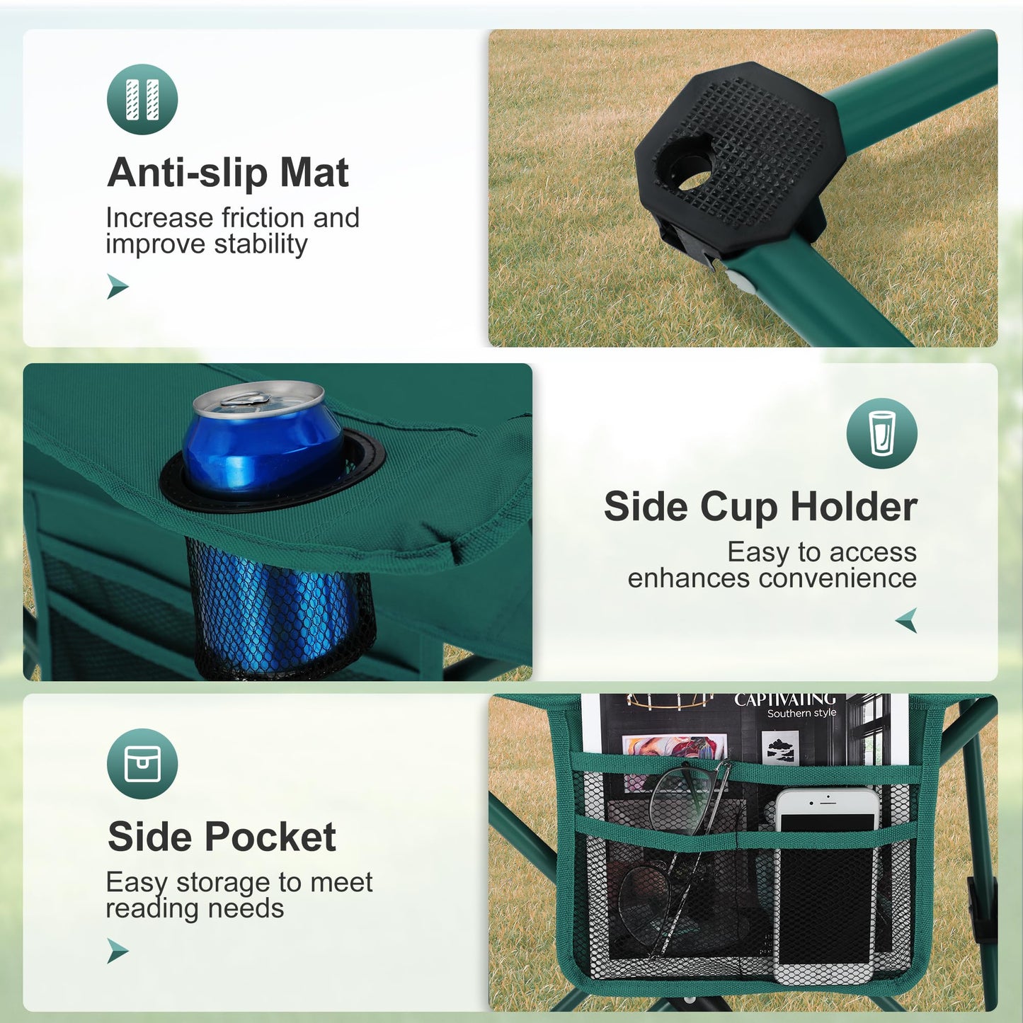 LET'S CAMP Camping Chair 2 Pack Folding Chair with 4-Can Cooler Bag Portable Lawn Chair with Cup Holder,Storage Pocket, Supports 350LBS, Collapsible Chair for Camp, Beach, Picnic (Green)