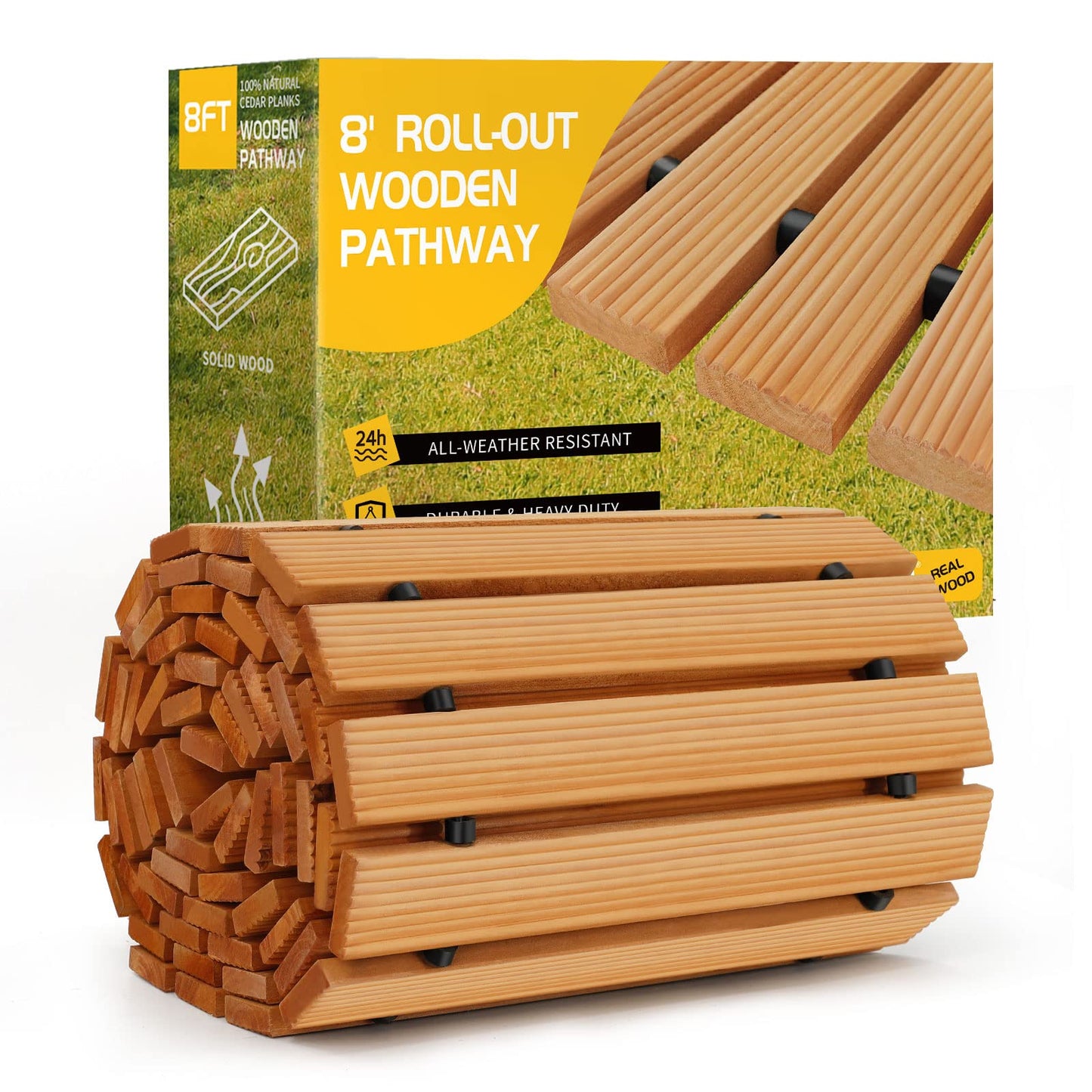 TONAHUTU 8FT Wooden Garden Pathway, Roll Out Wooden Pathway Weather-Resistant Walkway for Outdoor Patios 17" W Roll Out Hardwood Walkway with Non-Slip Surface Wedding Party Pathways (Straight)