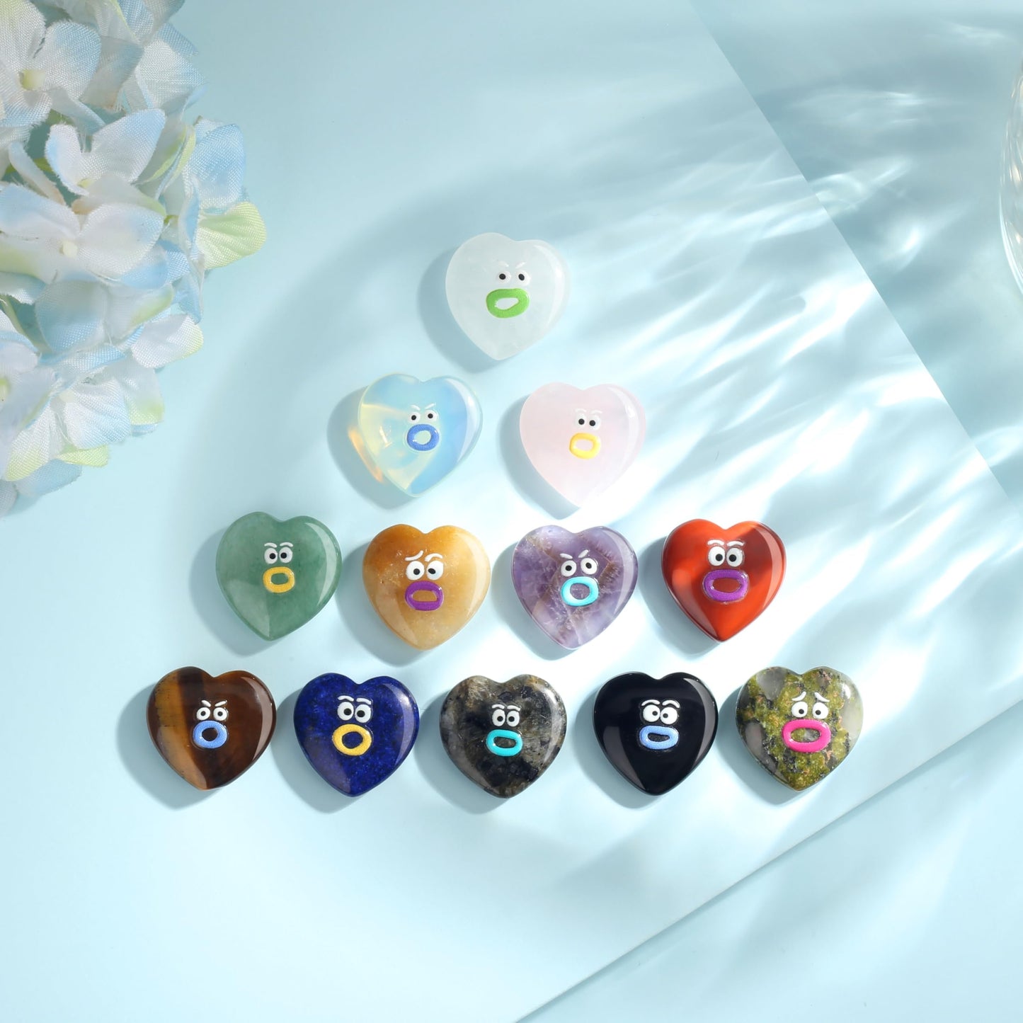 XIANNVXI Funny Emotion Heart Polished Stone Gift 12pcs Natural Heart Healing Crystals Stones Mothers Day Graduation Birthday Gifts for Women Cute Emoji Carving Figurine Crystals Present