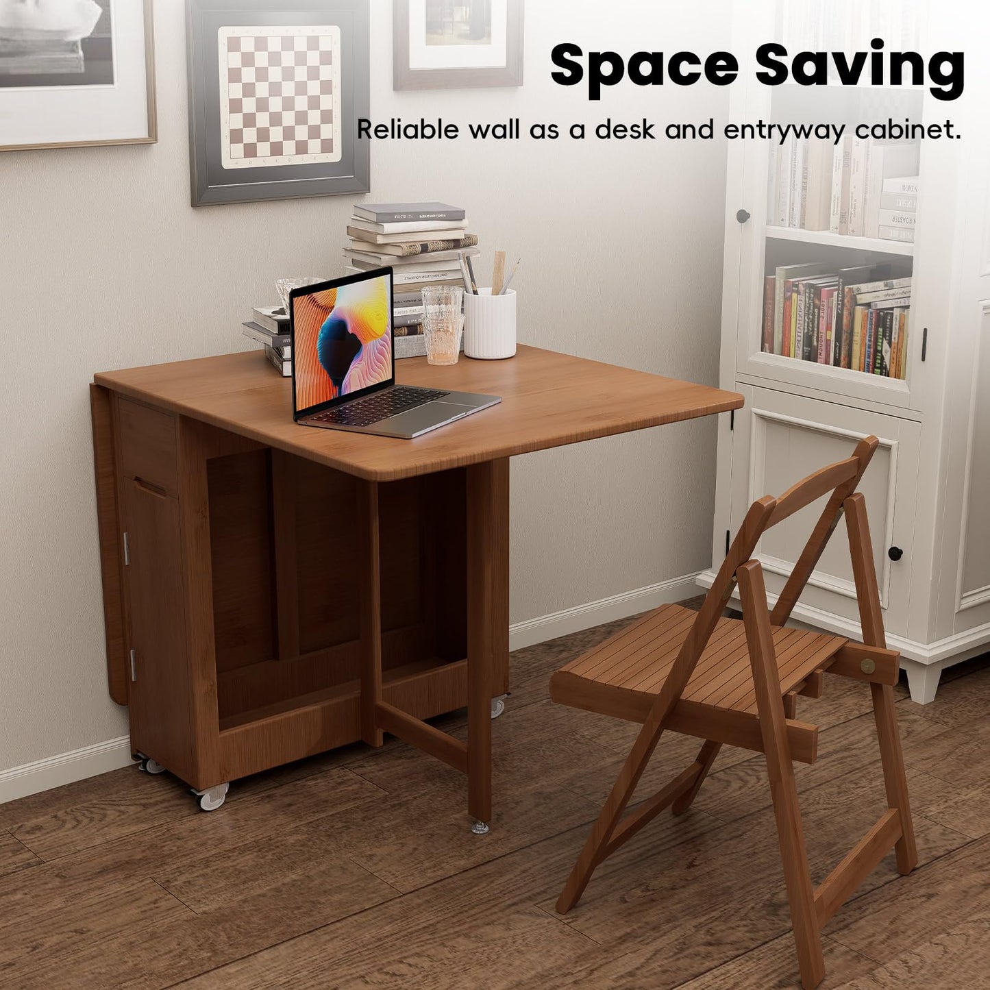 Folding Dining Table Set with 4 Chairs, Drop Leaf Foldable Table on Wheels, Collapsible Dinette Table with Hidden Chair Storage, Space Saving Folding Dinner Table Set for Small Apartments