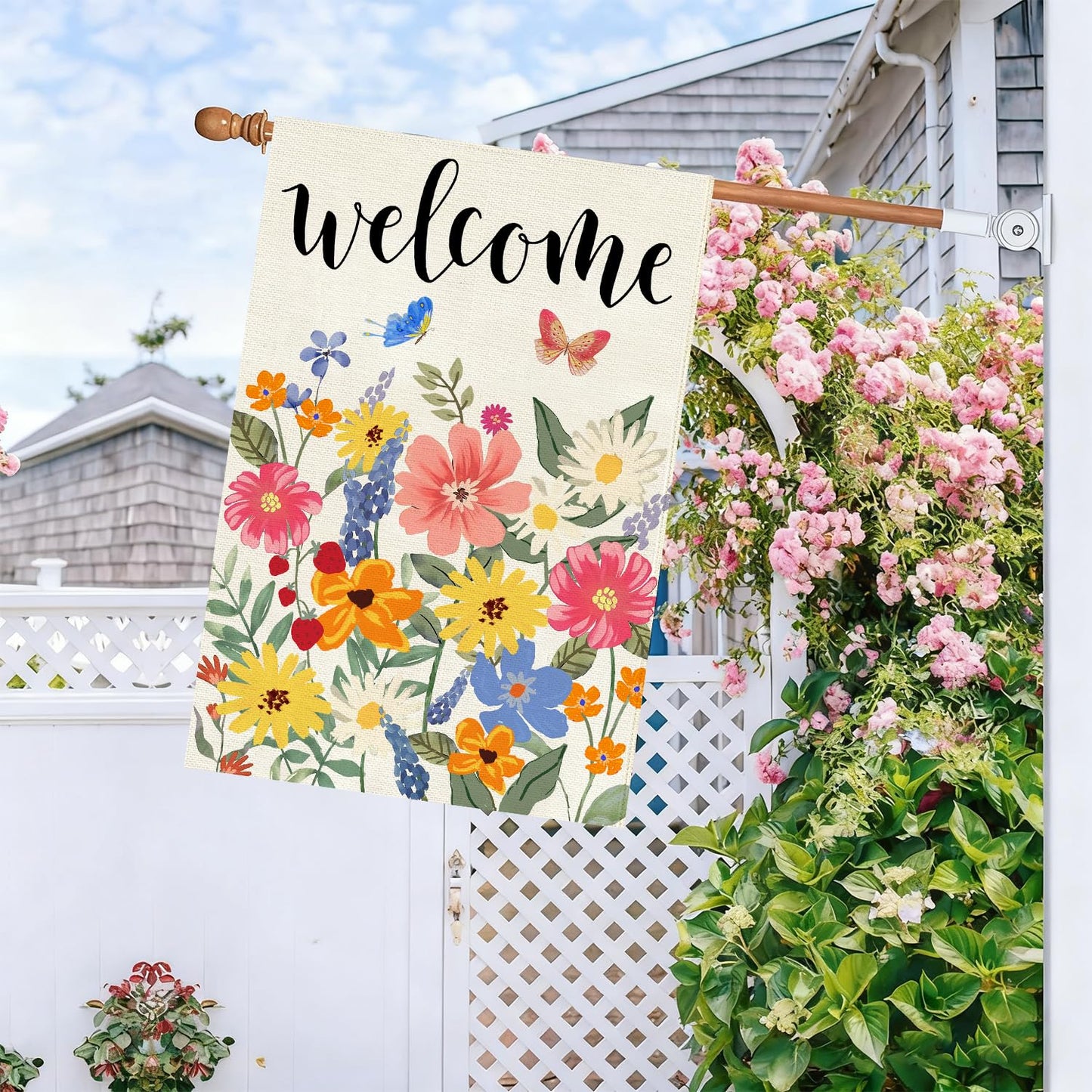 Baccessor Spring Summer Welcome House Flag Double Sided 28x40 Inch Burlap,Floral Butterflies Large Garden Flag Porch Patio Front Entry Yard Seasonal Farmhouse Outside Outdoor Decor