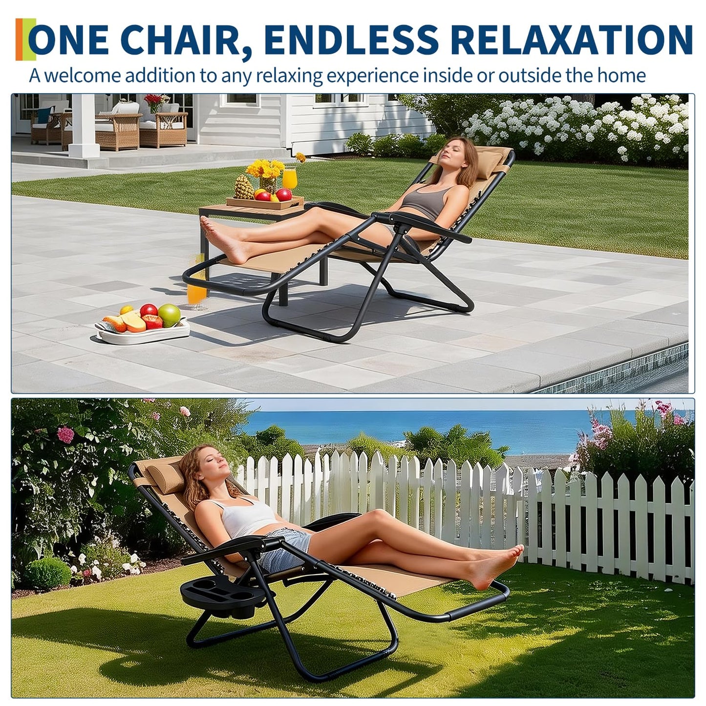Patio Lounge Chairs Set of 2, Outdoor Recliner with Side Tray & Headrest - Heavy Duty Steel Mesh Folding Chairs, Adjustable Portable Camping Lawn Chairs for Poolside, Beach, Backyard, Deck