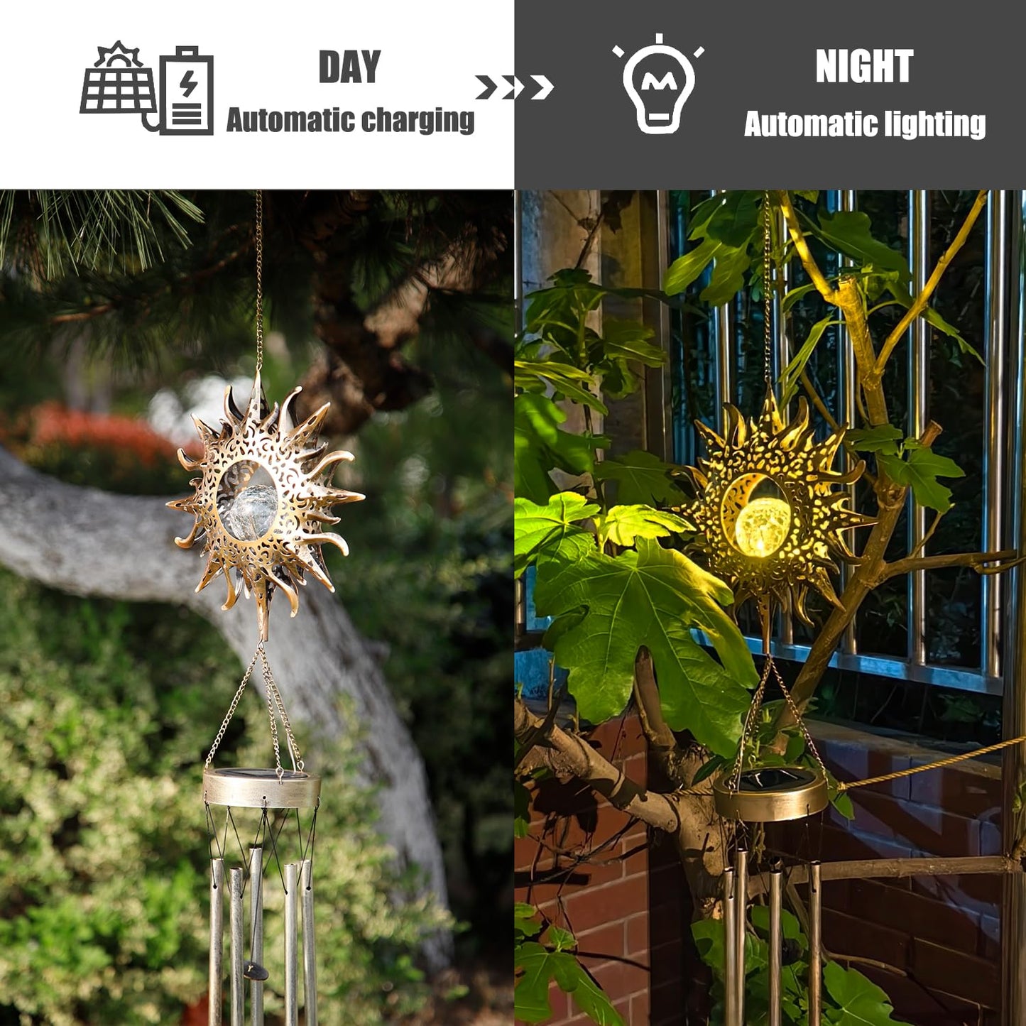 Yonxuleo Sun Solar Wind Chimes for Outside Lights Prefert Gifts for Mom Wife Unique Crackle Glass LED Warm Light Outdoor Hanging Decor Windchimes for Garden Yard Patio Christmas Birthday Mothers Day