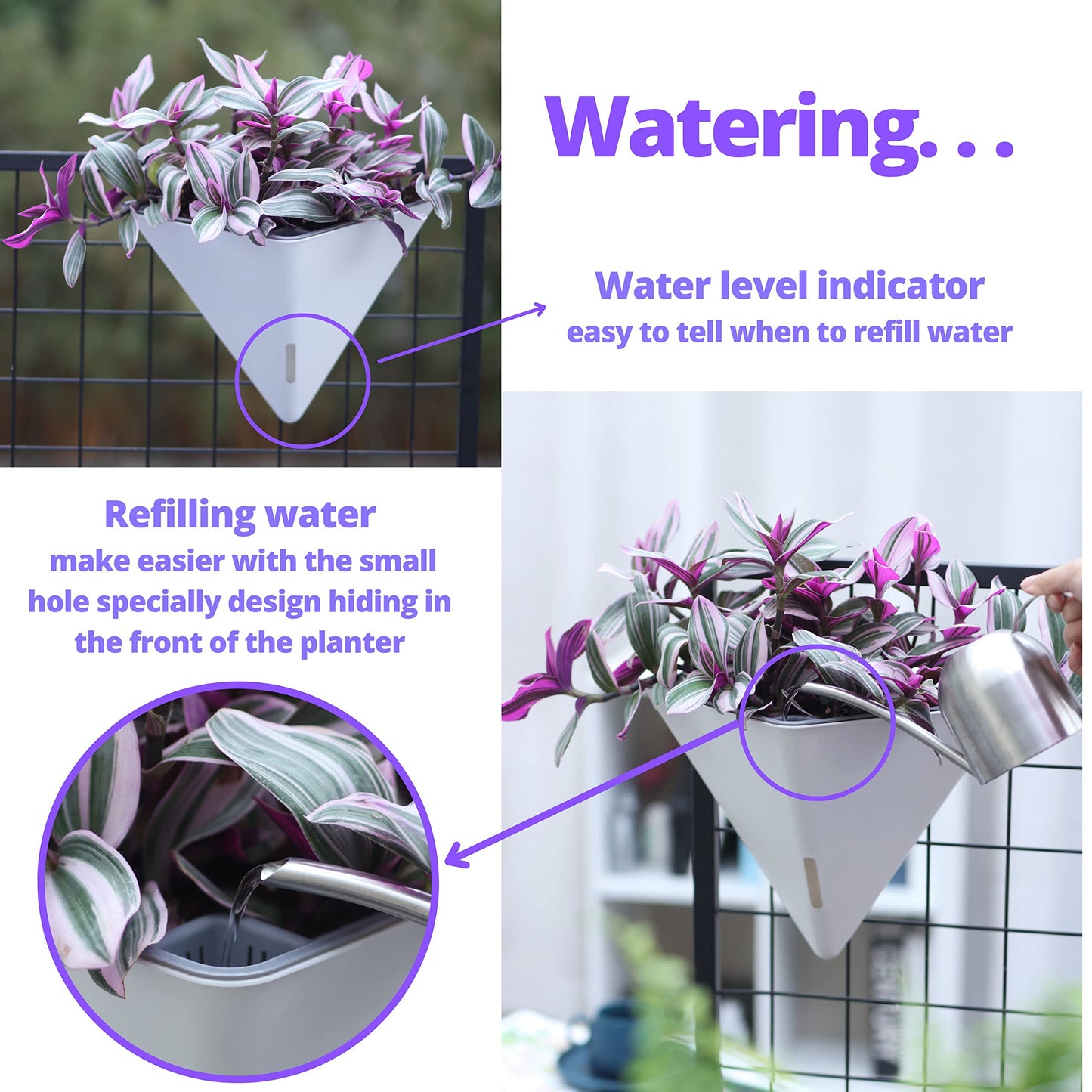 LaLaGreen Bundle- 4 Pack, 12 Inch Large White Self Watering Pot + 2 Pack, 16 Inch Metal Basket with Coco Liner Horse Trough Wall Rail Window Patio Porch Flower Box Geometric Hanging Indoor Vase Decor