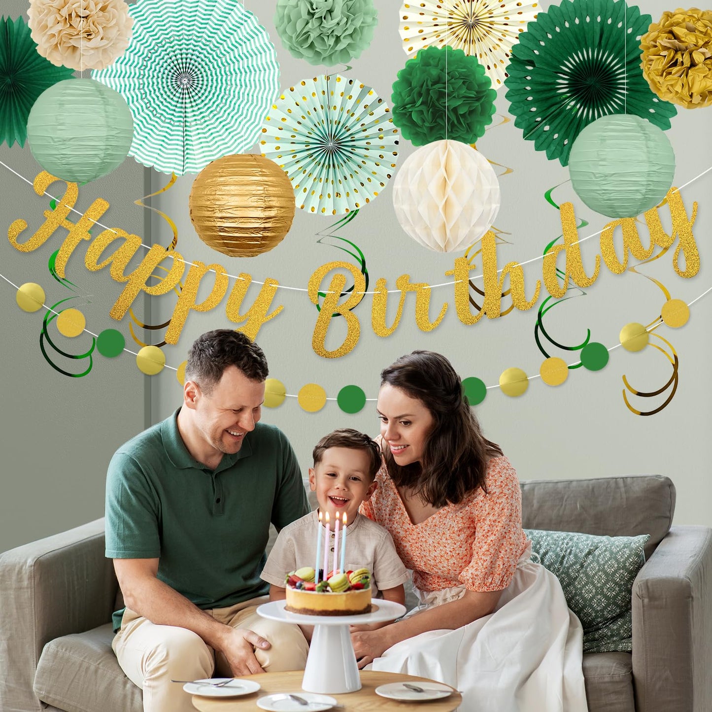 Sage Green Birthday Party Decorations - 21pcs with Happy Birthday Banner, Paper Lanterns, Tissue Pom Poms, Hanging Streamers, Round Garland for Women Girls Boys Birthday Decor Supplies.