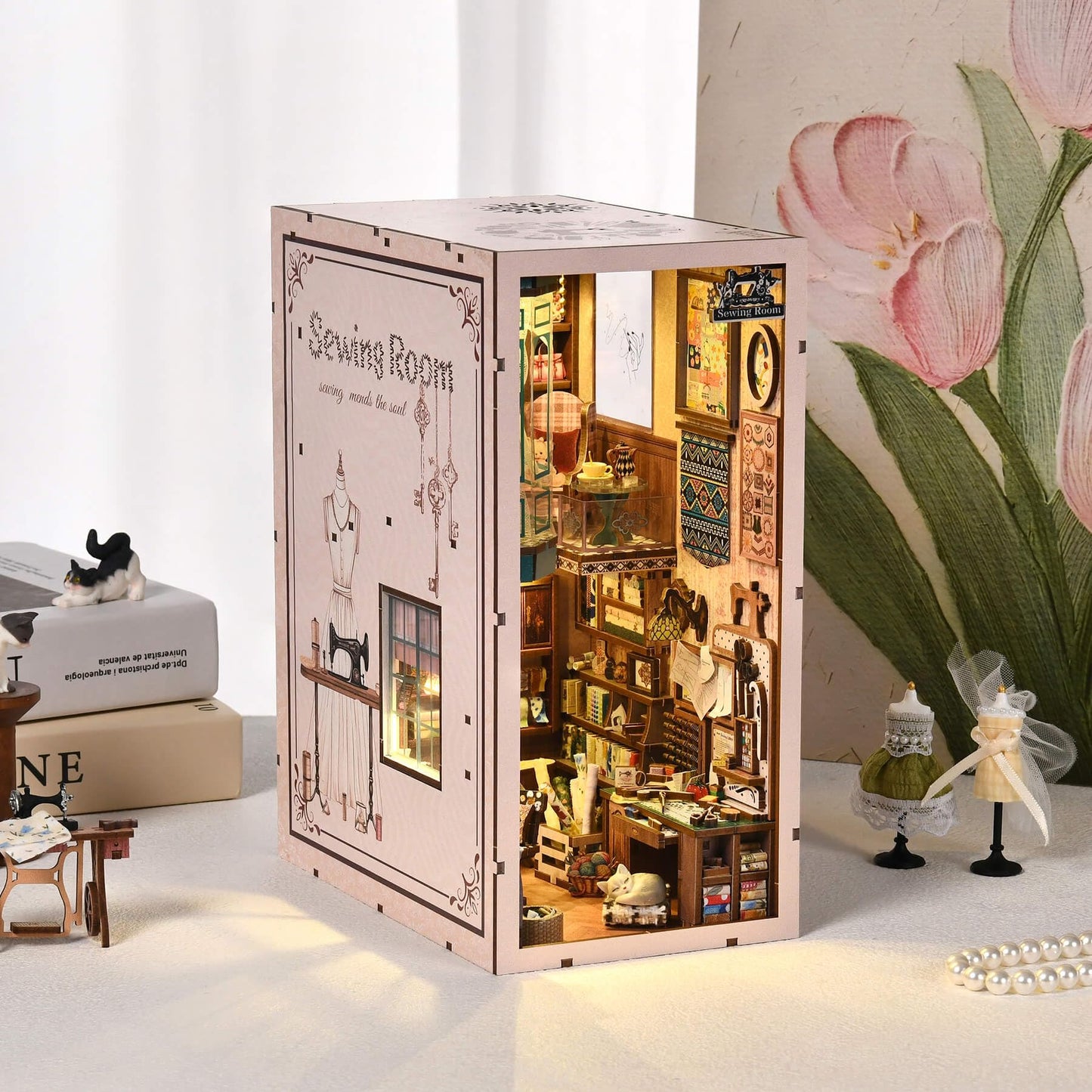 fifijoy Book Nook Kit - Sewing Room DIY Miniature House Dollhouse Kit for Adults and Teens, Booknook Tiny House Bookshelf Decor 3D Wooden Puzzle, Gifts for Family and Friends