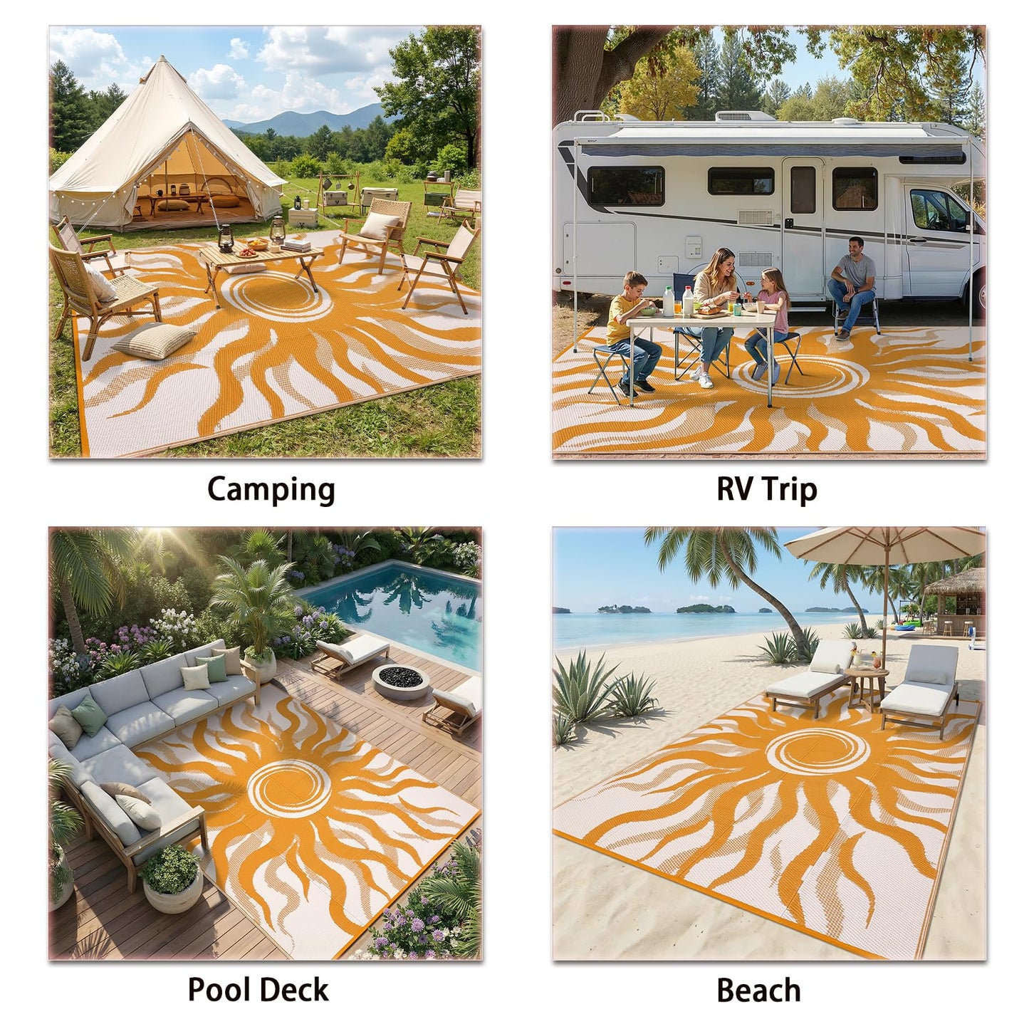 Garvee Outdoor Rug 8x10 Waterproof Patio Rugs with Boho Sun Pattern, Reversible Plastic Straw Camping Rugs Outdoor Indoor RV Mat Carpet for Deck, Backyard, Picnic, Porch, Balcony, Beach, Orange