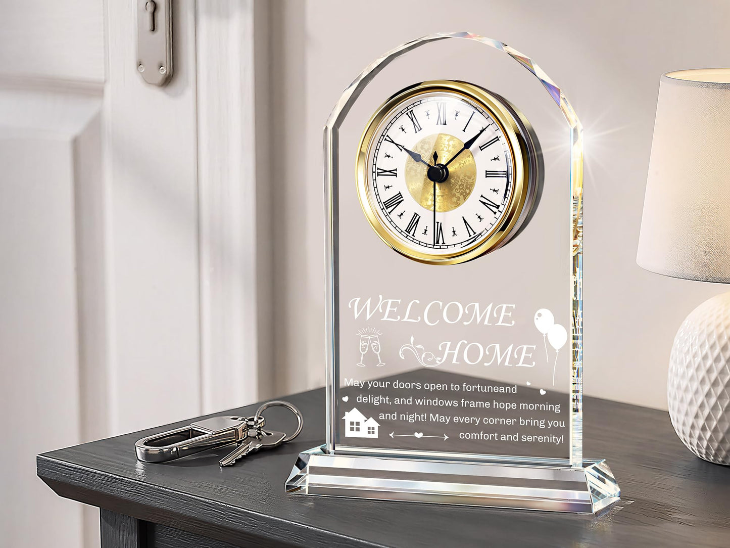 Tempospark House Warming Gifts New Home Decor,Housewarming Gift Ideas for Women Men, Crystal Desk Clock for Family, Friends, Colleagues or Neighbor(Glass Base)