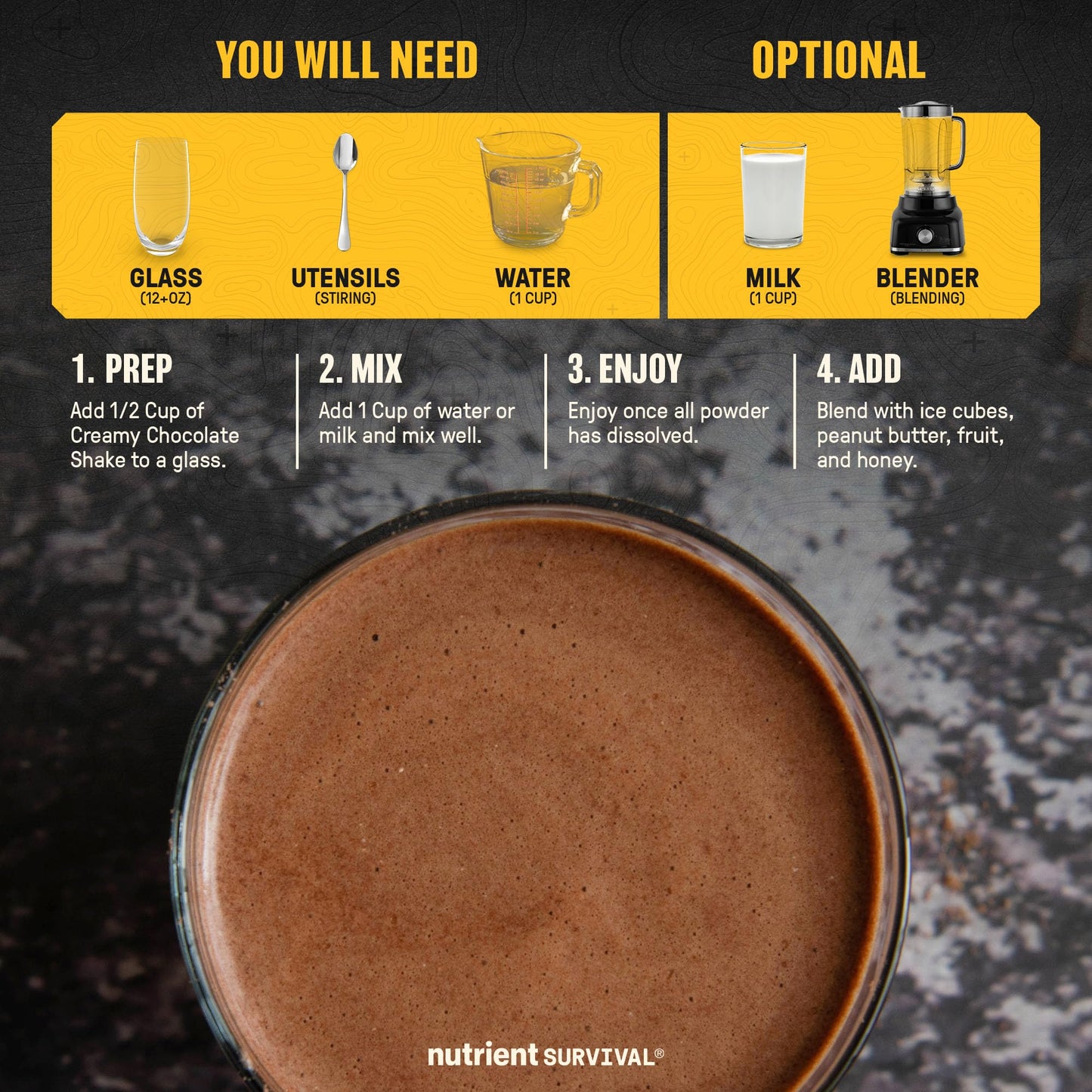 Nutrient Survival Whey Protein Powder Shake Chocolate Shake Gluten-Free, High-Protein Breakfast or Meal Replacement Shake, Perfect Dark Chocolate Smoothie Beverage (15 Servings)