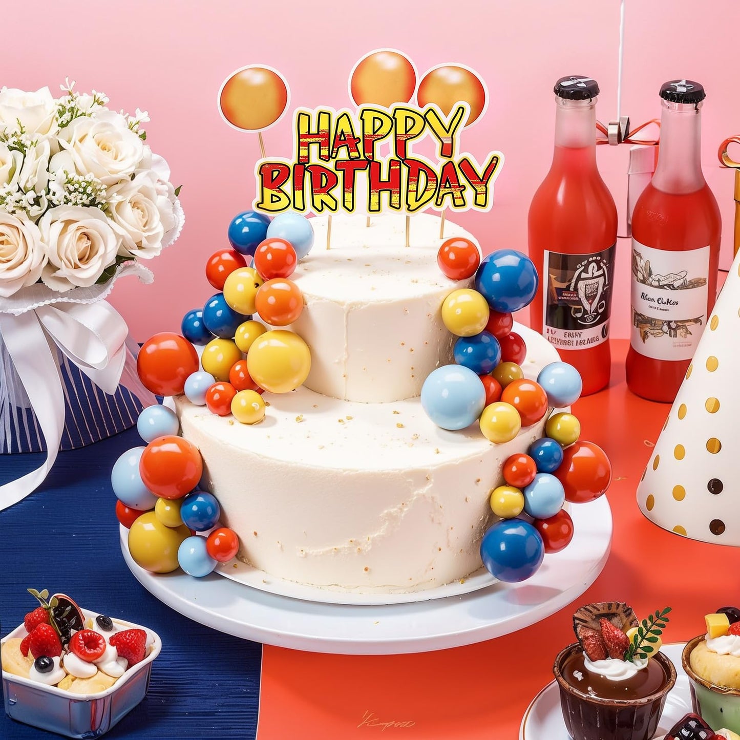 Weysat 76 Pcs Anime Theme Birthday Party Decorations Yellow and Red Stars with 64 Ball Cake Topper Sticks 8 Cake Customized Card Kit 4 Stickers for Anime Themed Birthday Party Cupcake Decoration