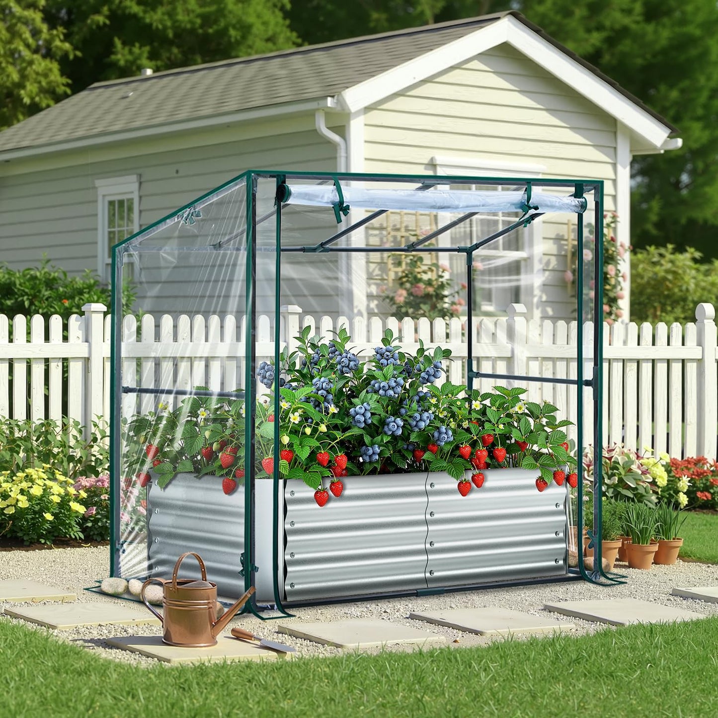 Ohuhu Raised Garden Bed with Cover Outdoor, 4x2x1 FT Galvanized Metal Planter Box with PVC Greenhouse Cover, Protects Plants from Frost Birds Insects, 3-in-1 Gardening Set for Vegetable Flower Herb