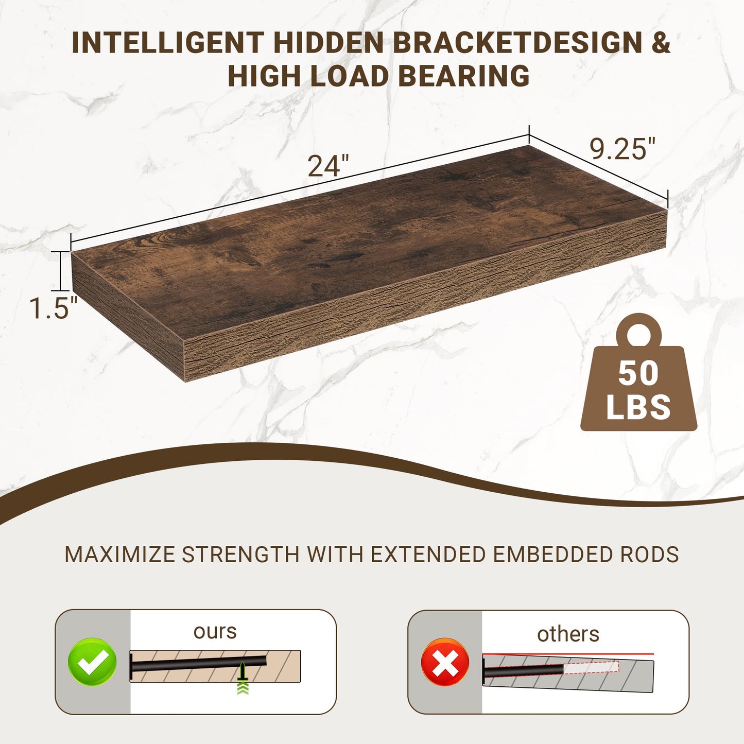 Acovy 24 Inch Floating Shelves, 3D Textured 24"x9.25"x1.5" Inch Deep Floating Shelves for Wall, Wooden Shelves for Bathroom, Bedroom, Living Room, Brown, 2 Pieces