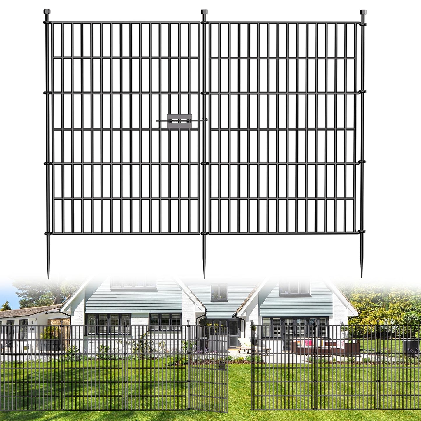 5 Panels No Dig Decorative Outdoor Garden Fence with Gate for Yard, 40 in(H) X 11.8 ft(L) Animal Barrier Fencing Rustproof Metal Wire Panel Border for Dog, Rabbits, and Patio Temporary Ground Stakes