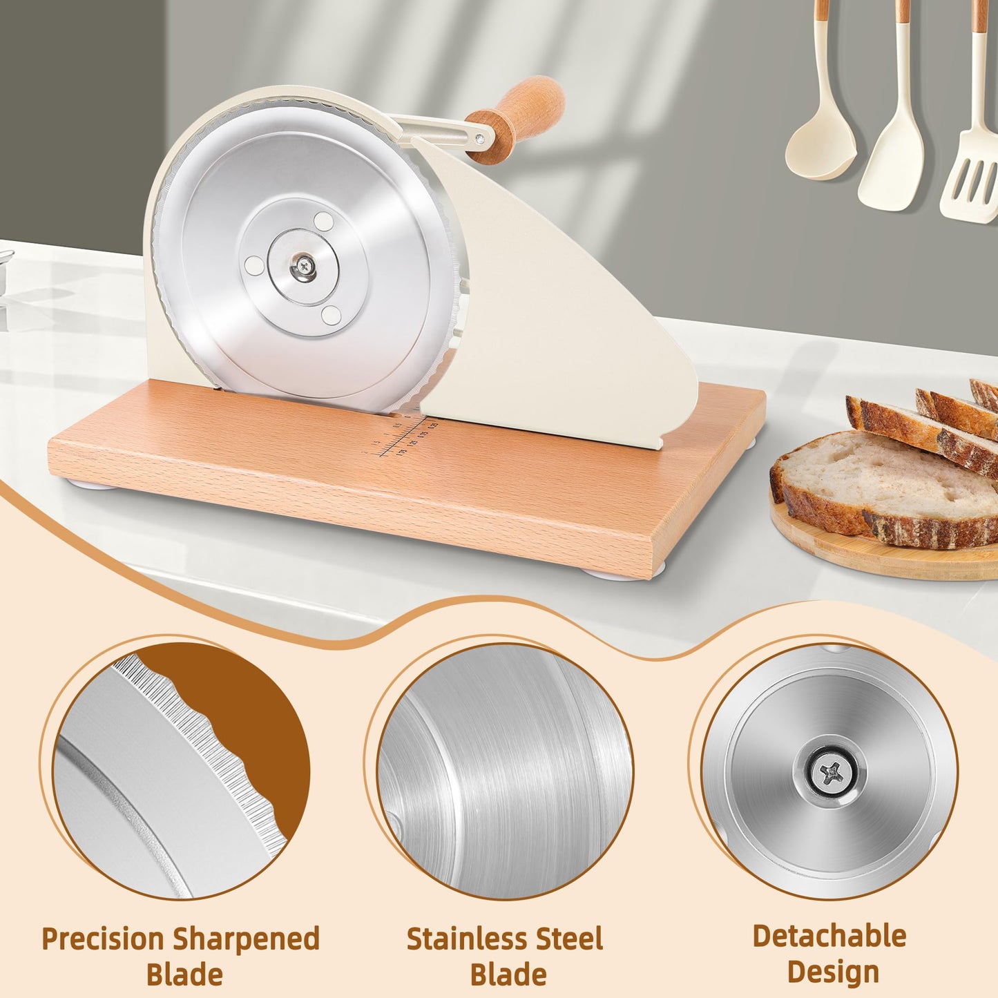 CAWIU Upgraded Manual Bread Slicer for Homemade Sourdough Bread - Adjustable Thickness Bread Cutter with Hand Crank, Suction Cups, Slicing Guide, Scale Line & Cover, for Perfect Even Slices (Cream)