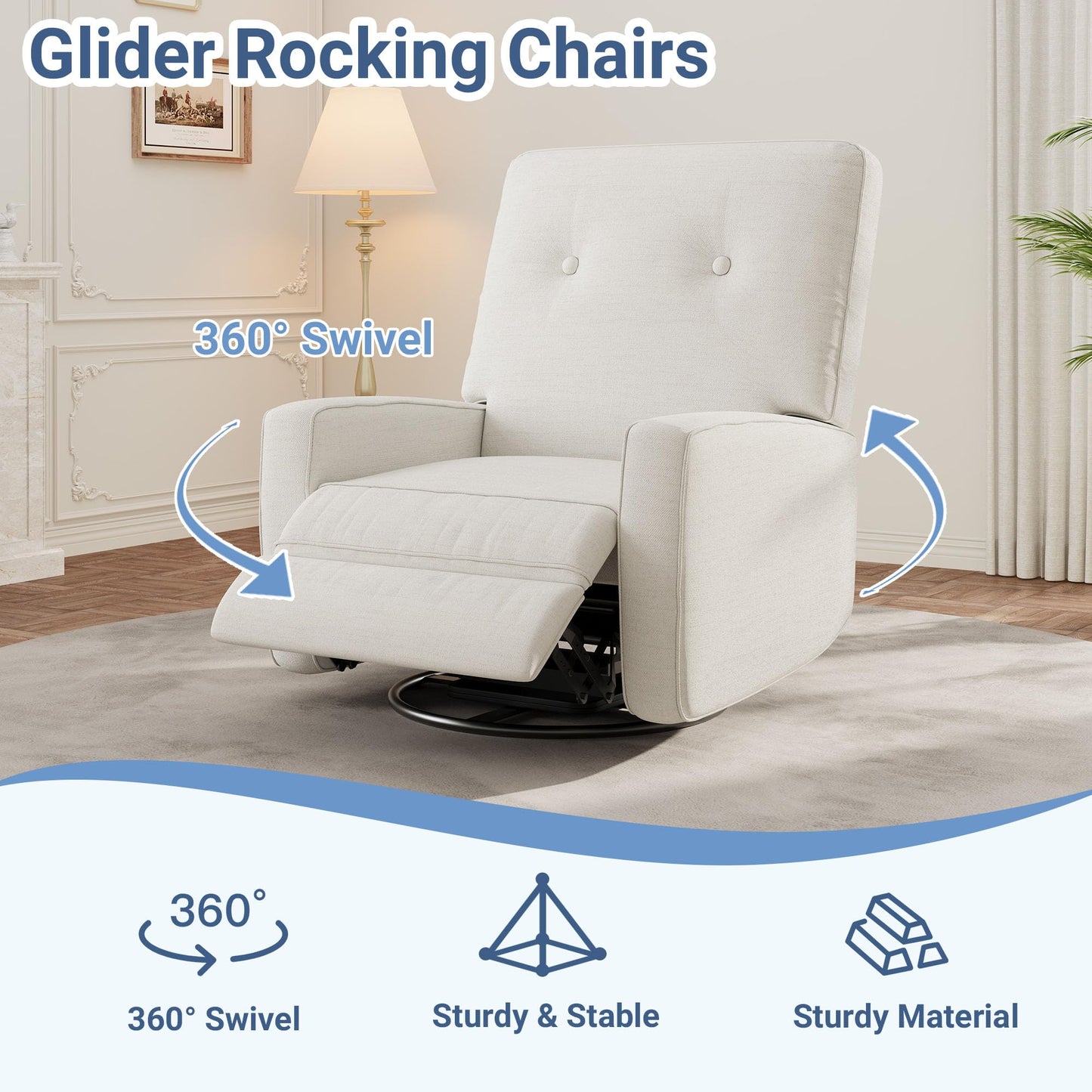 Garvee Nursery Recliner Chair, 360° Swivel Rocking Glider Chair for Adults with Adjustable Backrest & Footrest, Cozy Linen Upholstered Armchair for Living Rooms, Bedrooms, Apartments, Beige