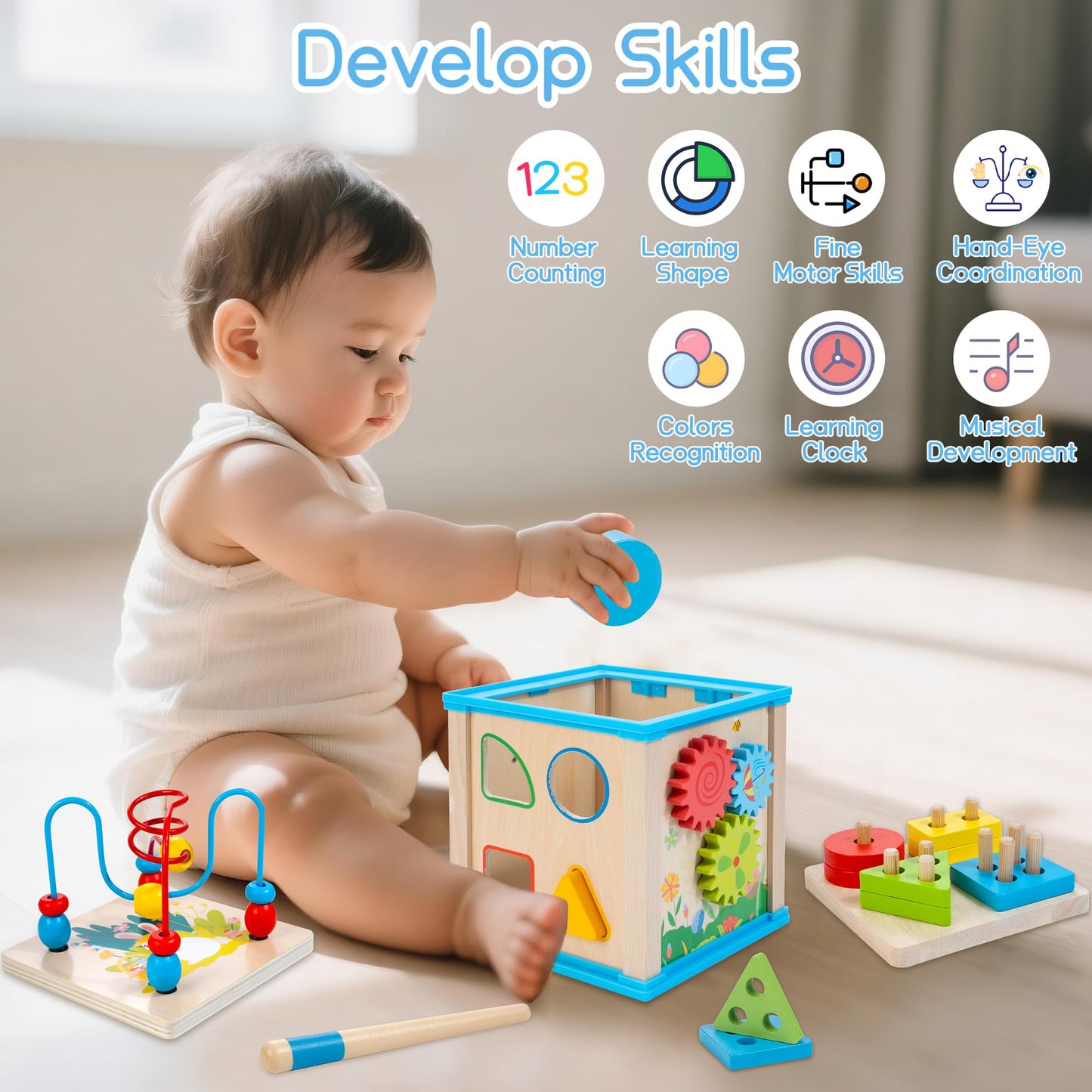 WOODMAM Wooden 7-in-1 Activity Cube, Montessori Toys for 1 Year Old Toddlers, Baby Educational Developmental Toys, One Year Old Boys Girls First Birthday Gifts with Bonus Sorting & Stacking Board
