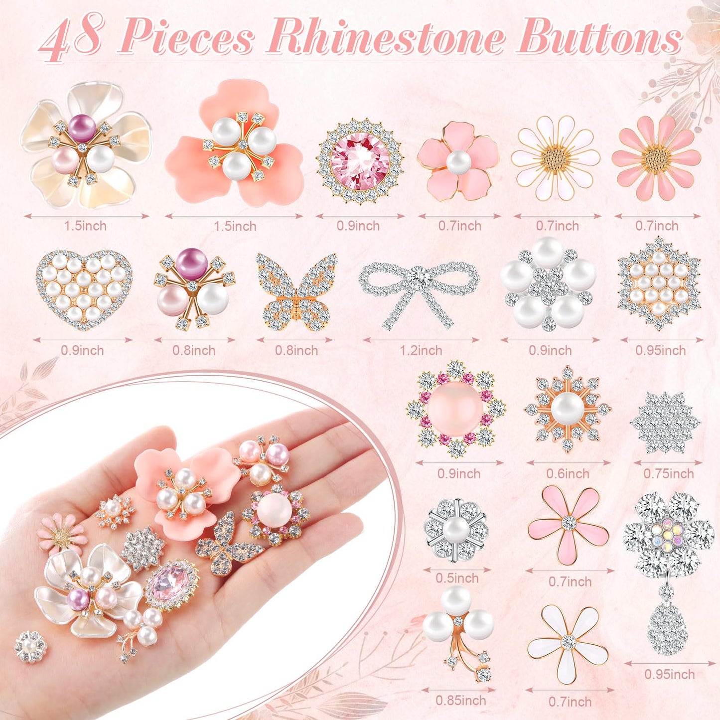 Giegxin 48 Pcs Rhinestone Buttons for Crafts Clothes Faux Pearl Embellishments Pink Butterfly Rhinestone Flower Buttons Vintage Women Pearl Brooch for Jewelry Making, DIY, Bags Shoes Supplies
