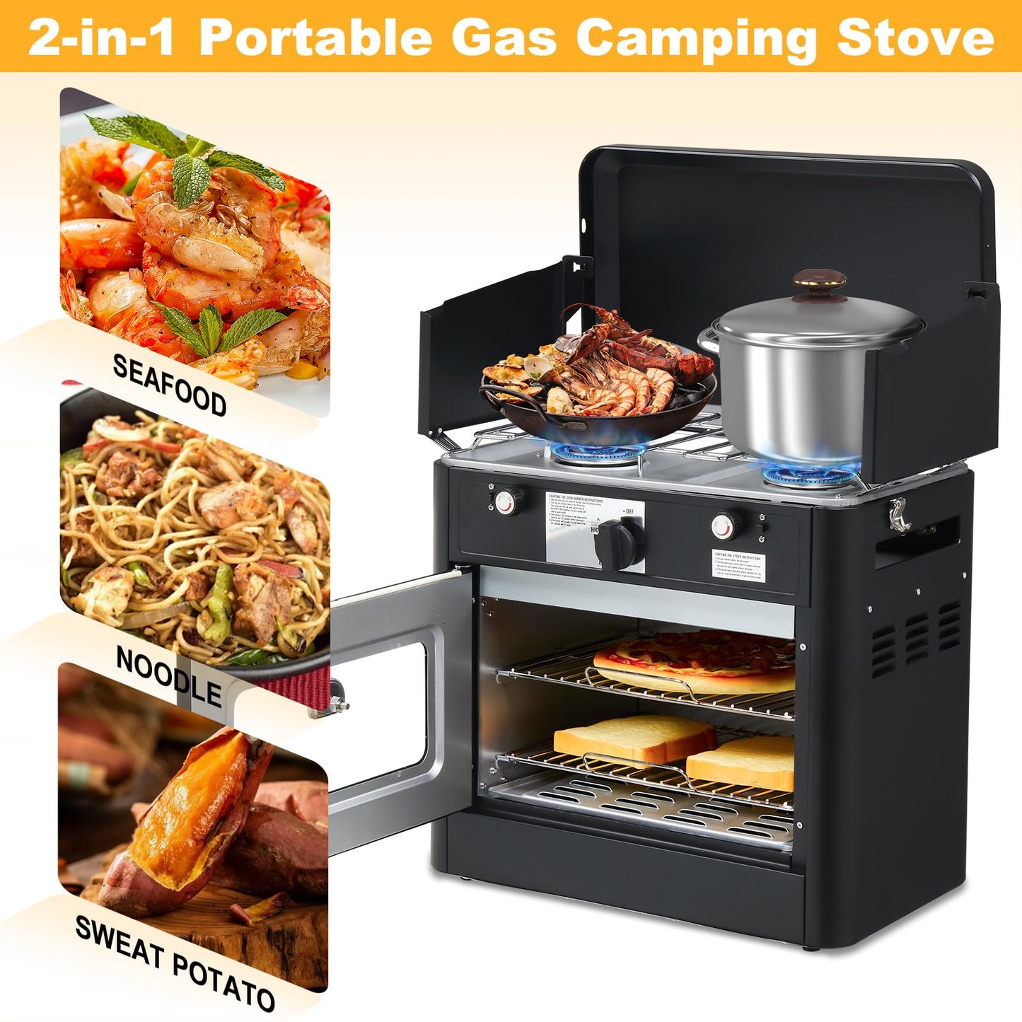 Bonnlo 2-in-1 Camping Oven & Portable Gas Stove Combo with 3-side Windscreen, Powerful 19,800 BTU Propane Oven with One-click Ignition, Heat-resistant Coating & Thermometer for Outdoor Use, Black