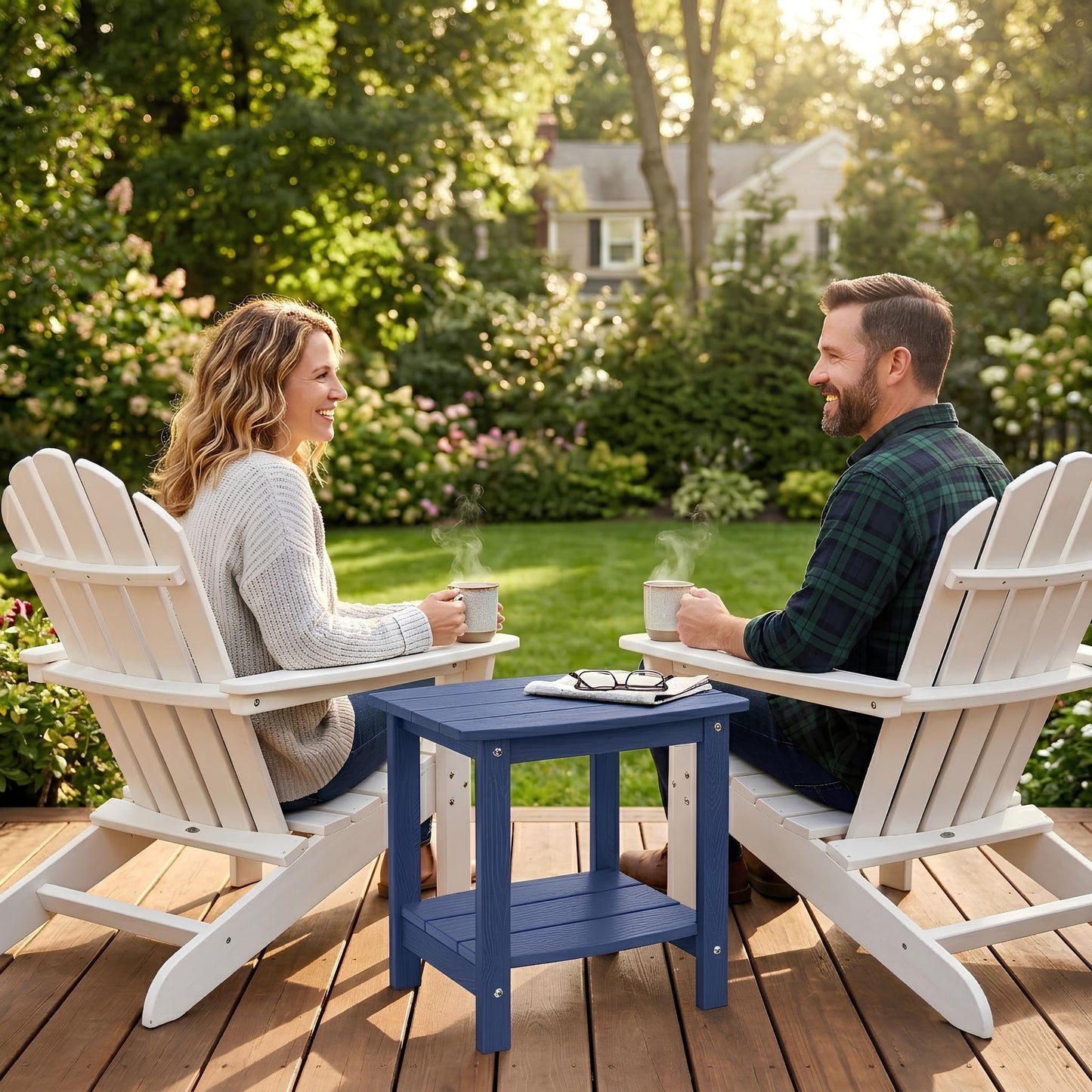 Y&M Outdoor Side Table, HIPS Adirondack Small Double Layer Table, Waterproof Square Outside Table, Balcony End Tables for Patio, Pool, Porch, Deck, Indoor or Outdoor Use, Navy Blue