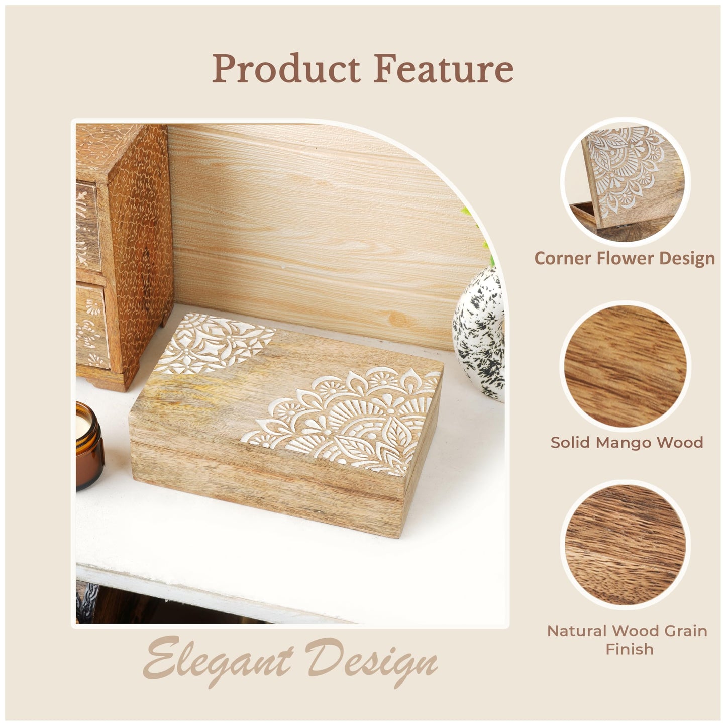 Ajuny Wooden Handmade Decorative Jewelry Storage Box Corner Flower Design Multipurpose Treasure Chest Keepsake Organizer Necklaces Bracelet Watch Boxes Gifts 8x5 Inch