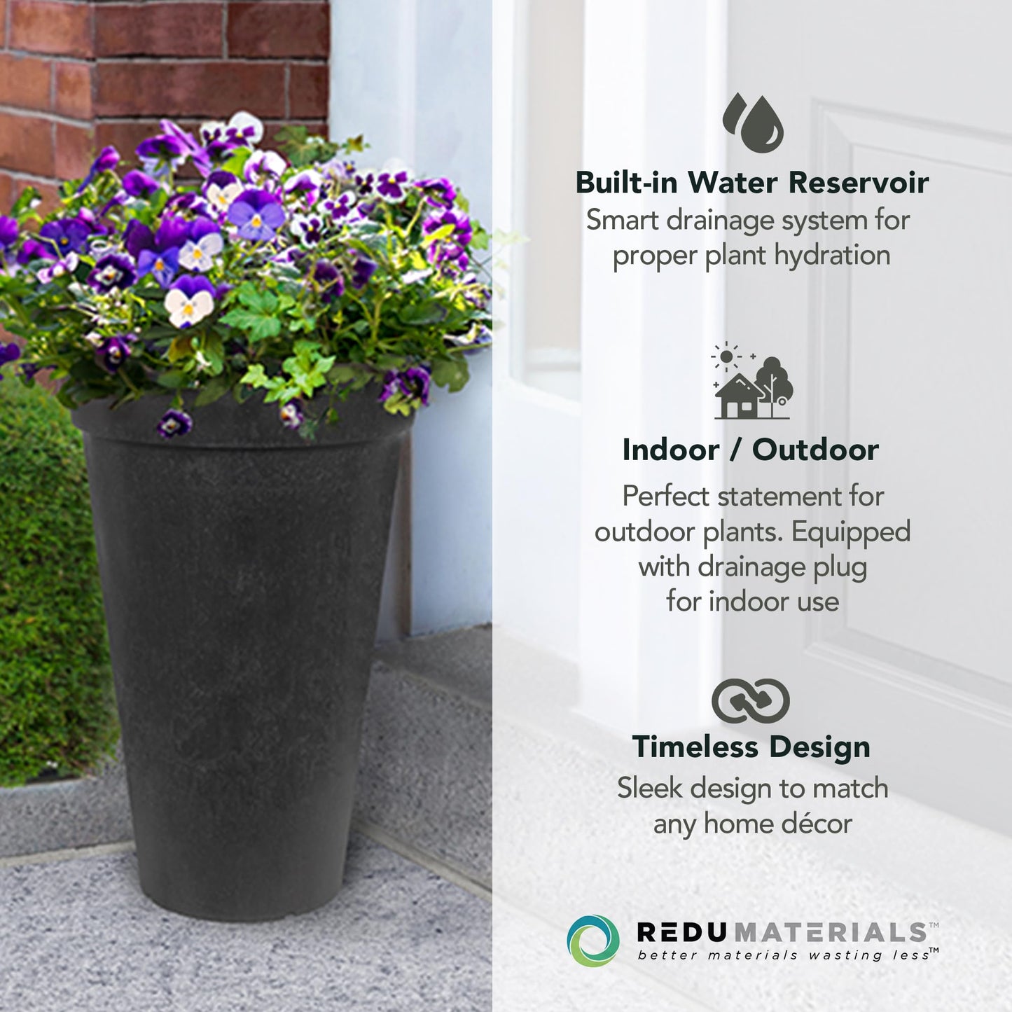 Tierra Verde Indoor & Outdoor Self-Watering Tall Round Planter, Aria, 12.5" x 20", Black - Planting Containers for Plants and Flowers - Gardening and Landscaping Accessories