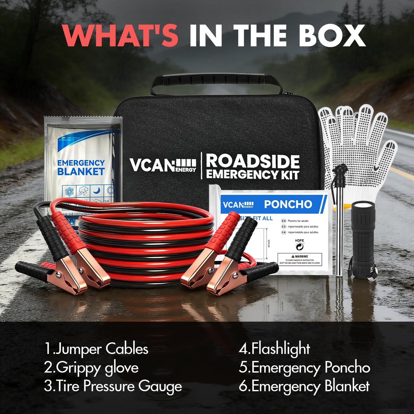 VCANENERGY Car Emergency Safety Kit Bag with Jumper Cables, Tire Pressure Gauge, Auto Vehicle Safety Road Side Assistance Kits Essentials,for Women, Men, Teen (Red)