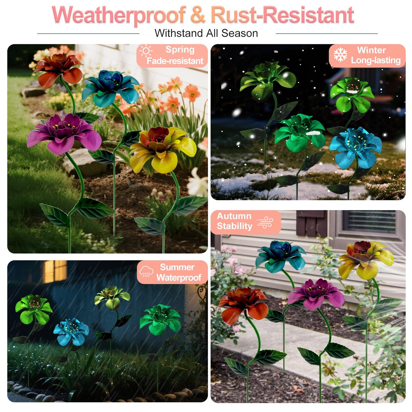 gronhof Glow-in-the-Dark Metal Flower Garden Stakes, 4 Pack Waterproof Outdoor Yard Art, Rust-Resistant Floral Decor for Lawn, Planters, Pathway & Patio, No Battery Needed