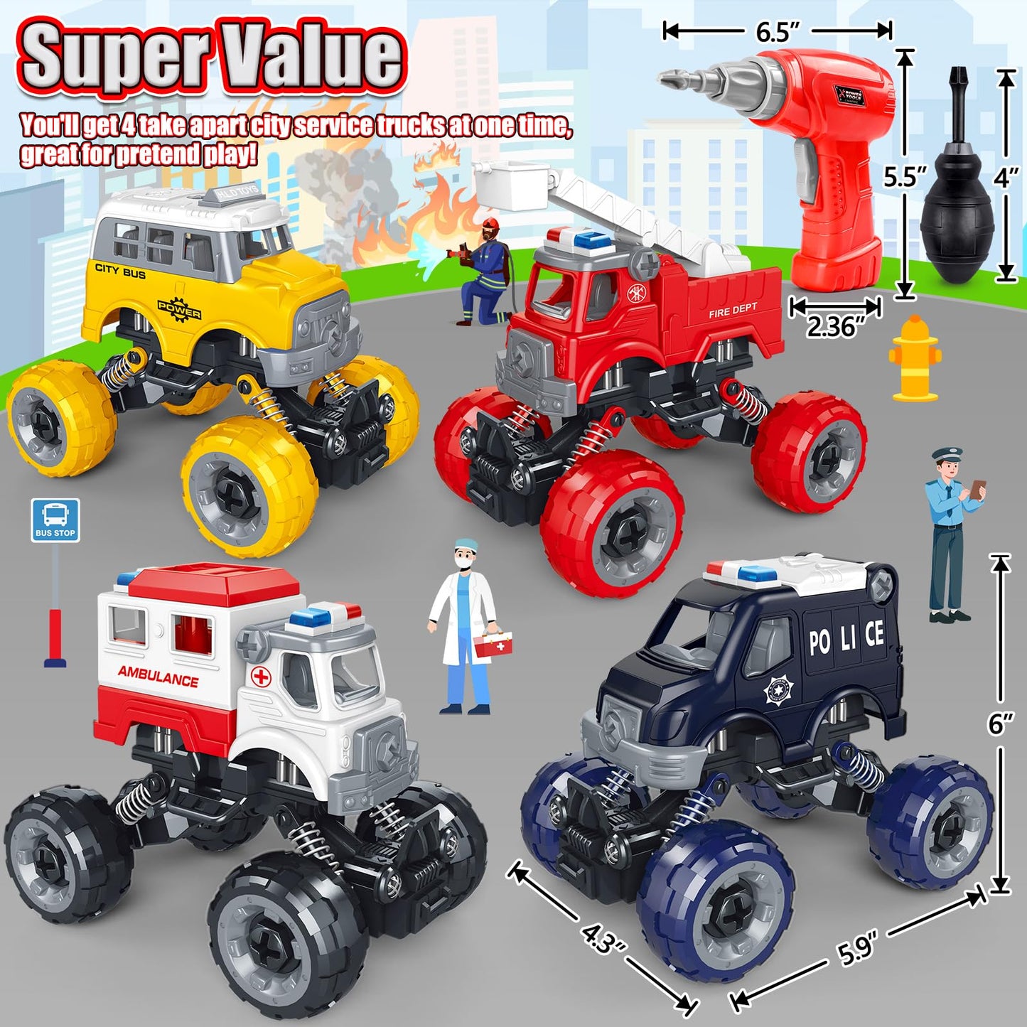 LUDILO Kids Boys Toys Age 4-6 5-7 6-8: 4 PCS DIY Assembly Building City Bus Ambulance Police Car Toy Fire Truck with Electric Drill, Stem Learning Toys Gifts for 3 4 5 6 7 8 Year Old Boys Girls Kids