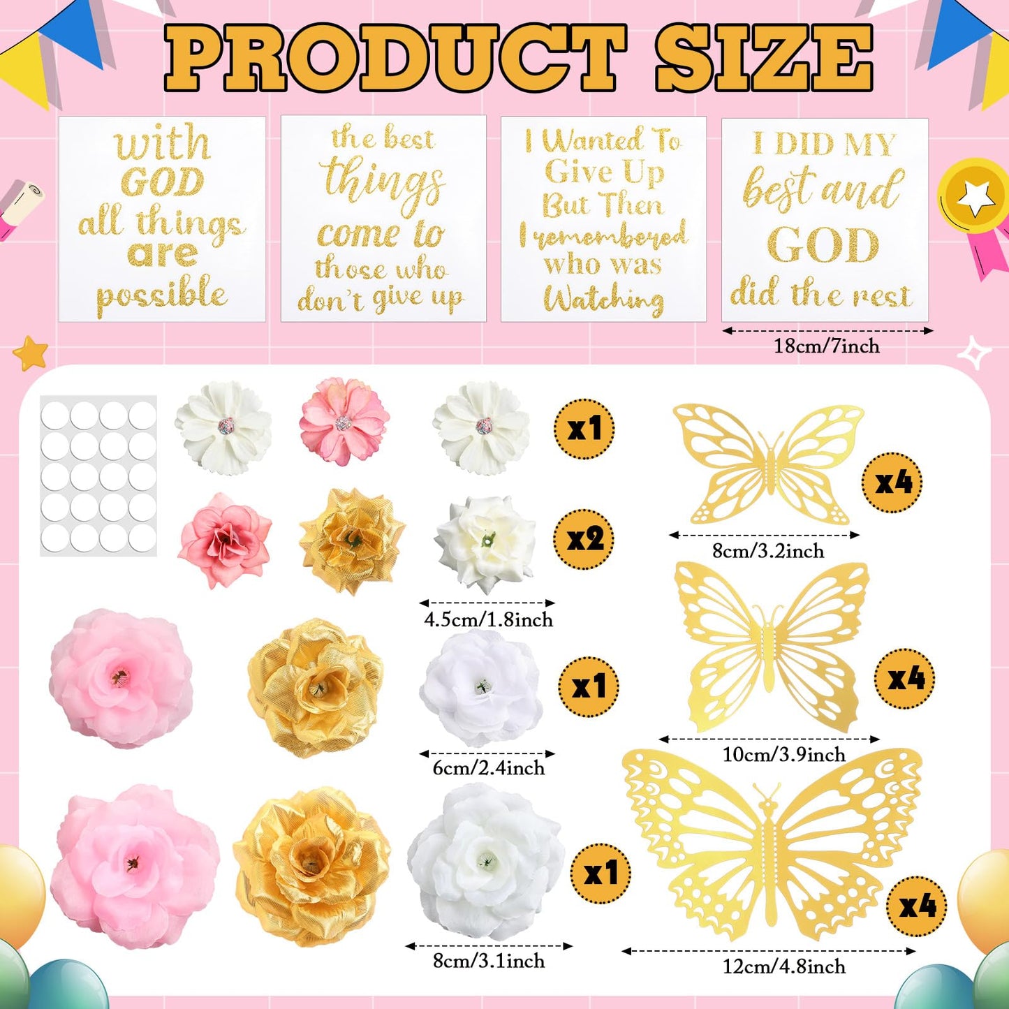 Knitgrip 31 Pcs DIY Graduation Cap Decorations Kit Faux Flower Heads 3D Butterfly Stickers Graduation Quotes Glitter Decals for Grad Hat Topper Graduations Party Supplies(Pink, White, Gold)