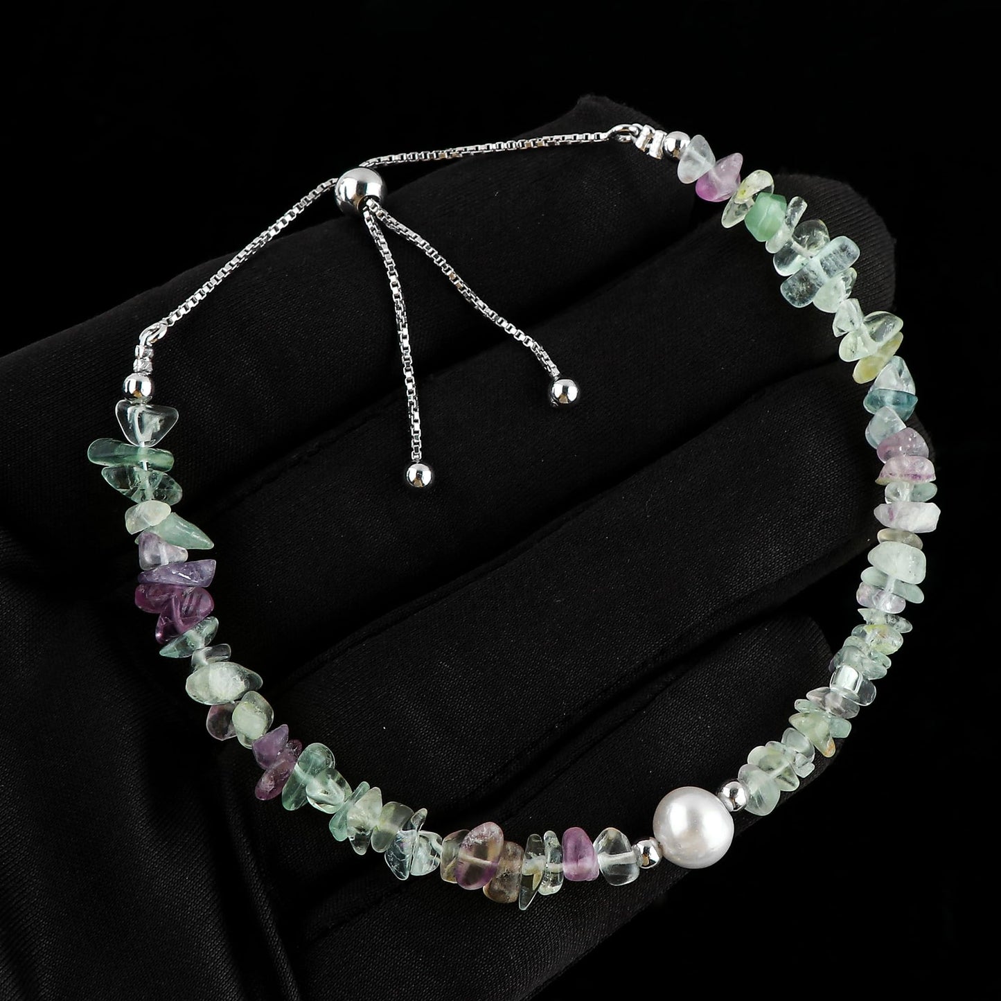 CRYSTALIS Natural Multi-Color Fluorite Beads Slider Bolo Bracelet with Elegant Pearl, Uncut Chips Nuggets Crystals, Chakra Healing Gemstone, Women Jewelry, 925 Sterling Silver Slider 10 inch
