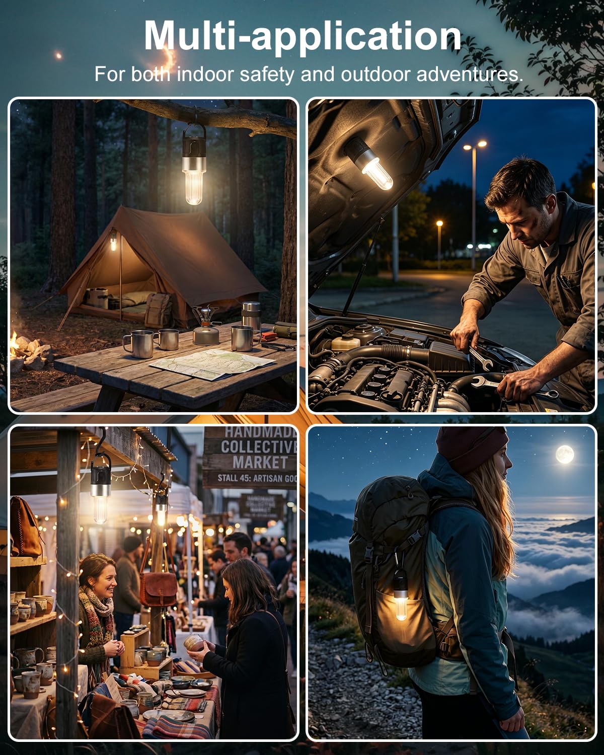 Livinlarge Led Camping Lantern USB Rechargeable,Portable Tent Lamp Emergency Lights with Hook,4 Lighting Modes,with Magnetic Attachment Feature,for Hiking,Party,Camp,Fishing,Power Failure,4 Pack