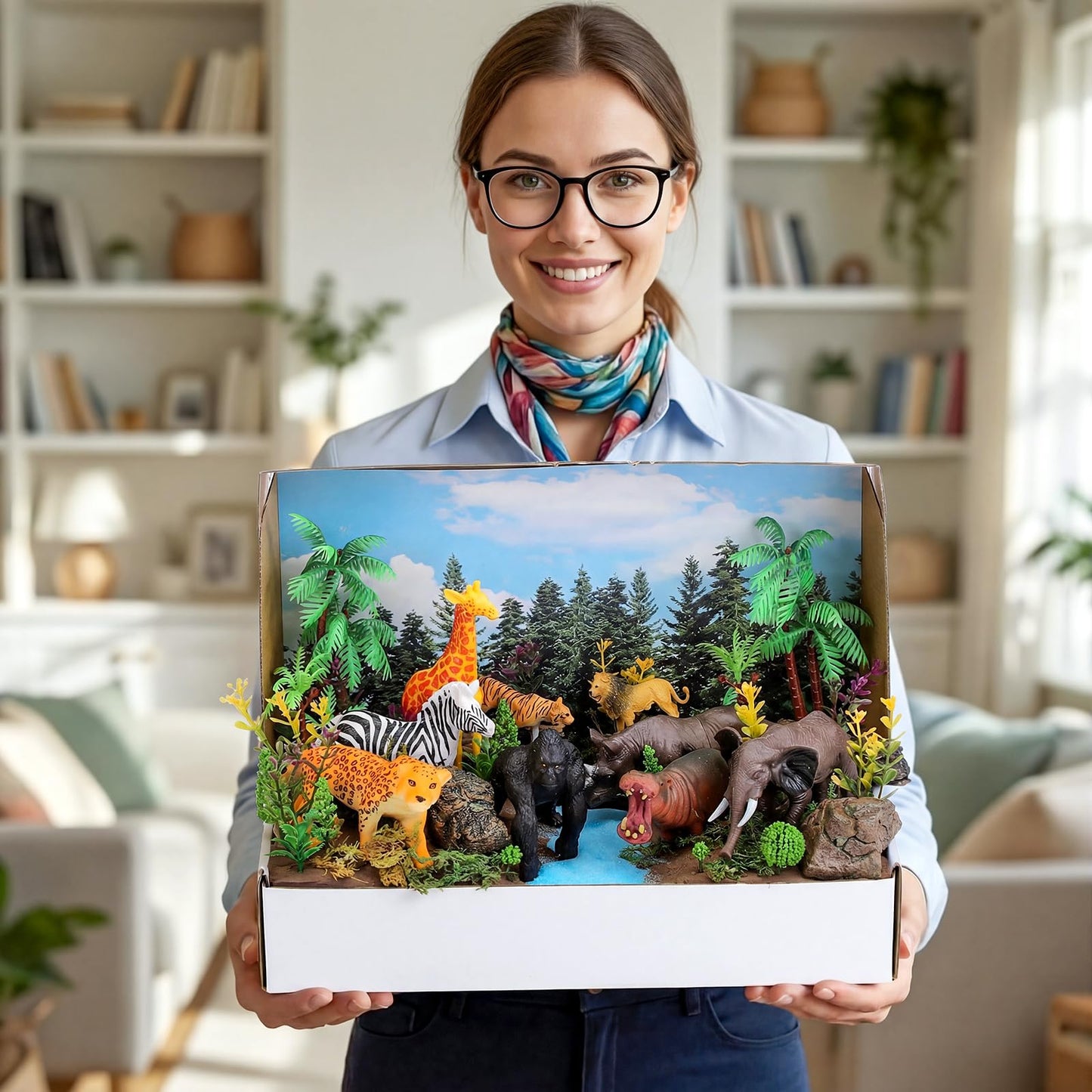 Teyva Daily 48 Pcs Jungle Diorama Kit Habitat Project Box Set Jungles Grassland Diorama Supplies Include Woodland Animal Figures Artificial Trees Fake Rocks with Gift for DIY Crafts Birthday Gifts