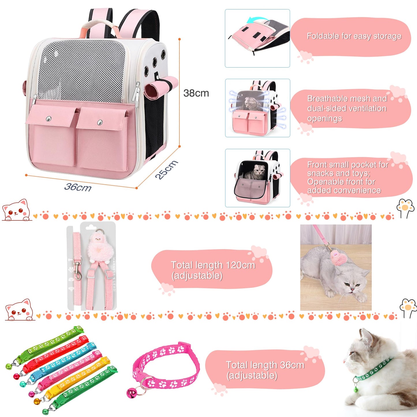 Kitten Starter Supplies Starter Kit, 20 pcs of Cat Essentials and Stuff, Including Cat Bed, Carrier, Litter Mat, Litter Box, Collar, Bowls,and Others, Perfect Choice for New Cat Owner - Pink