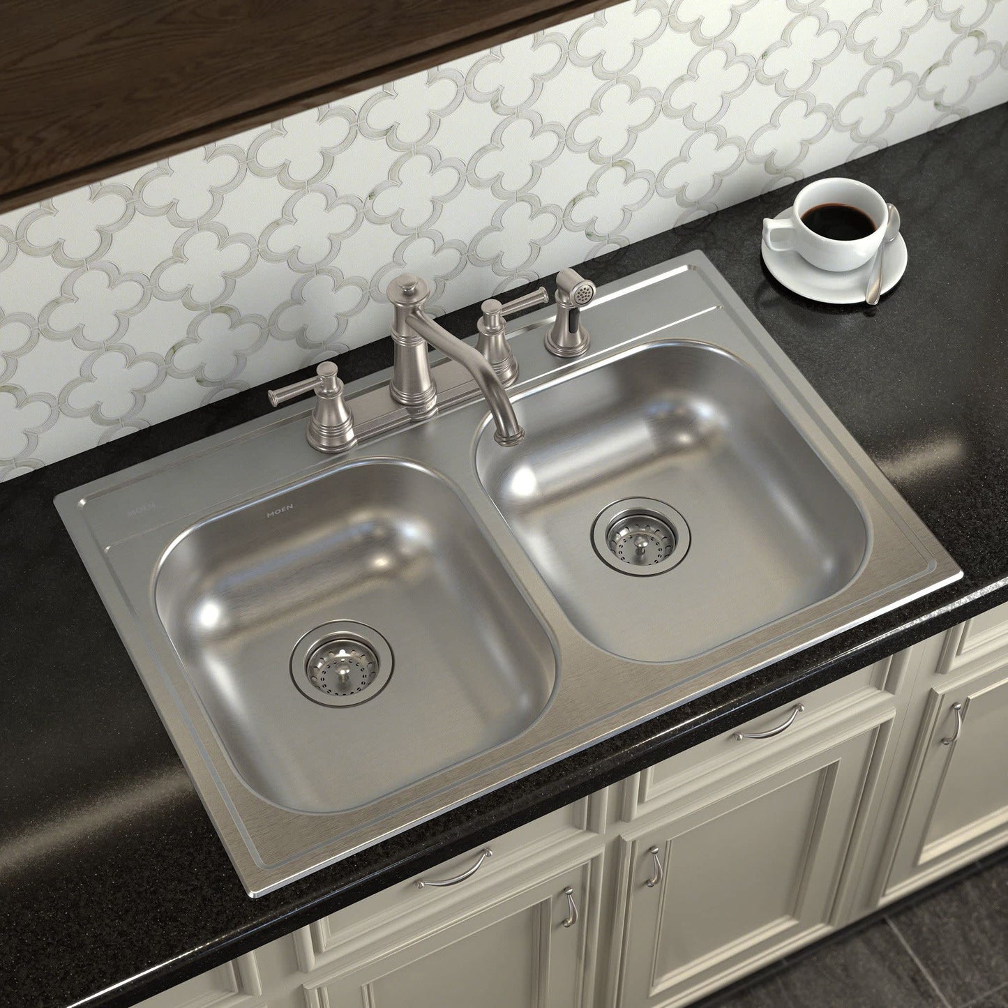 Moen 7255SRS Belfield Traditional Two Handle High Arc Kitchen Faucet with Side Spray, Spot Resist Stainless