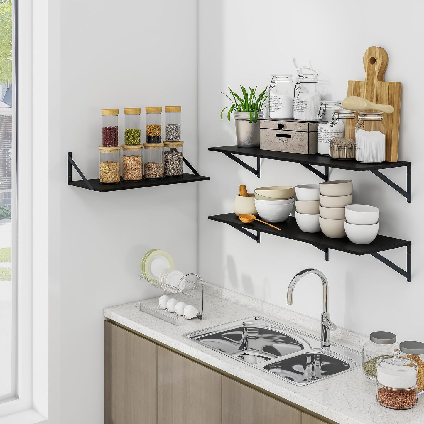 Heimlove Black Deep Floating Shelves for Wall, 24W x 12D Wood Wall Shelves Set of 2, Wide Floating Bookshelf for Living Room, Kitchen, Office, Bedroom and Decor Storage, with Metal Bracket - Black