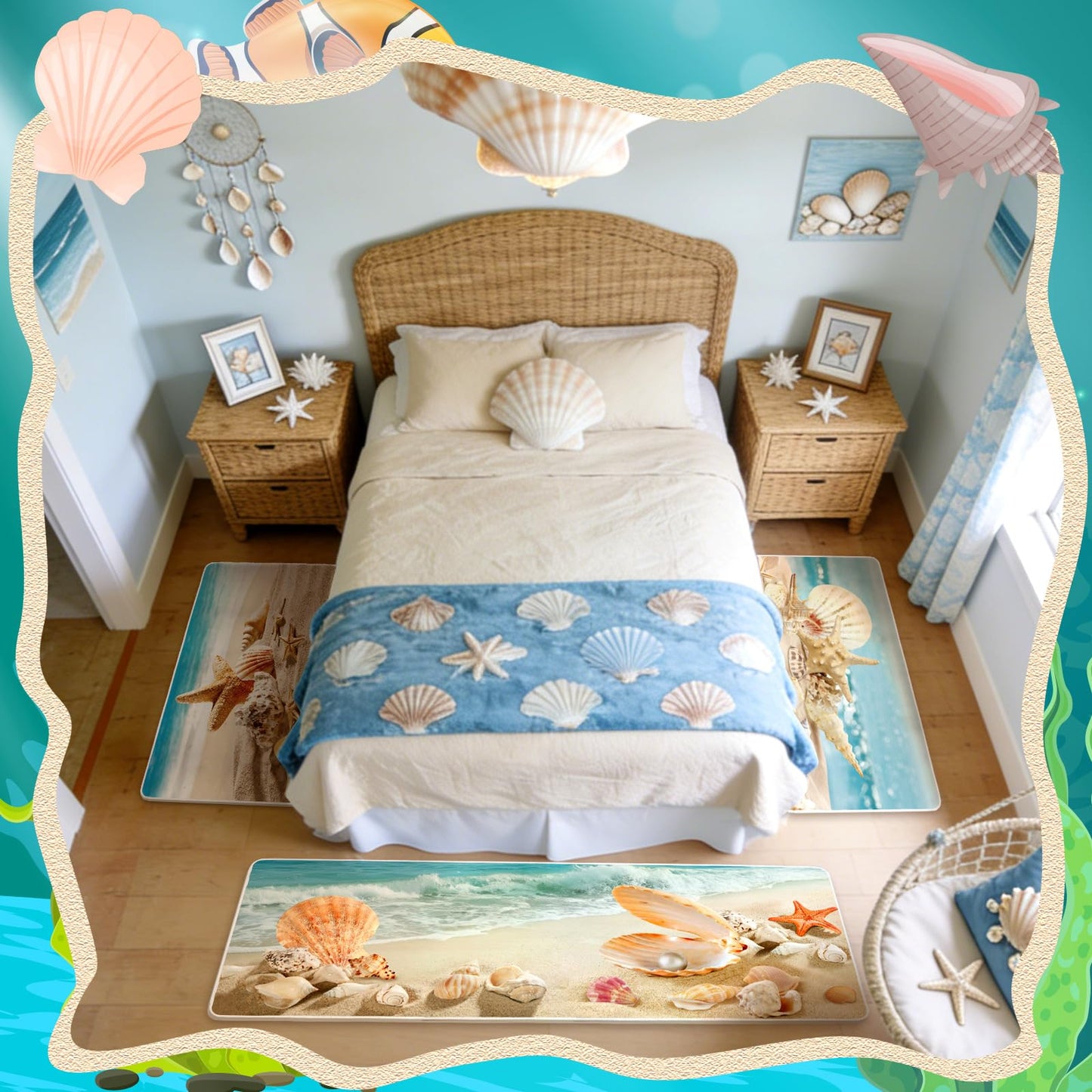 Drydiet 3 Pcs Beach Theme Kitchen Rugs and Mats Set Sea Ocean Non Slip Area Rug Coastal Starfish Shell Waterproof Floor Mat for Summer Kitchen Hallway Home Door Party Decor, 17 x 29 and 17 x 47 Inch