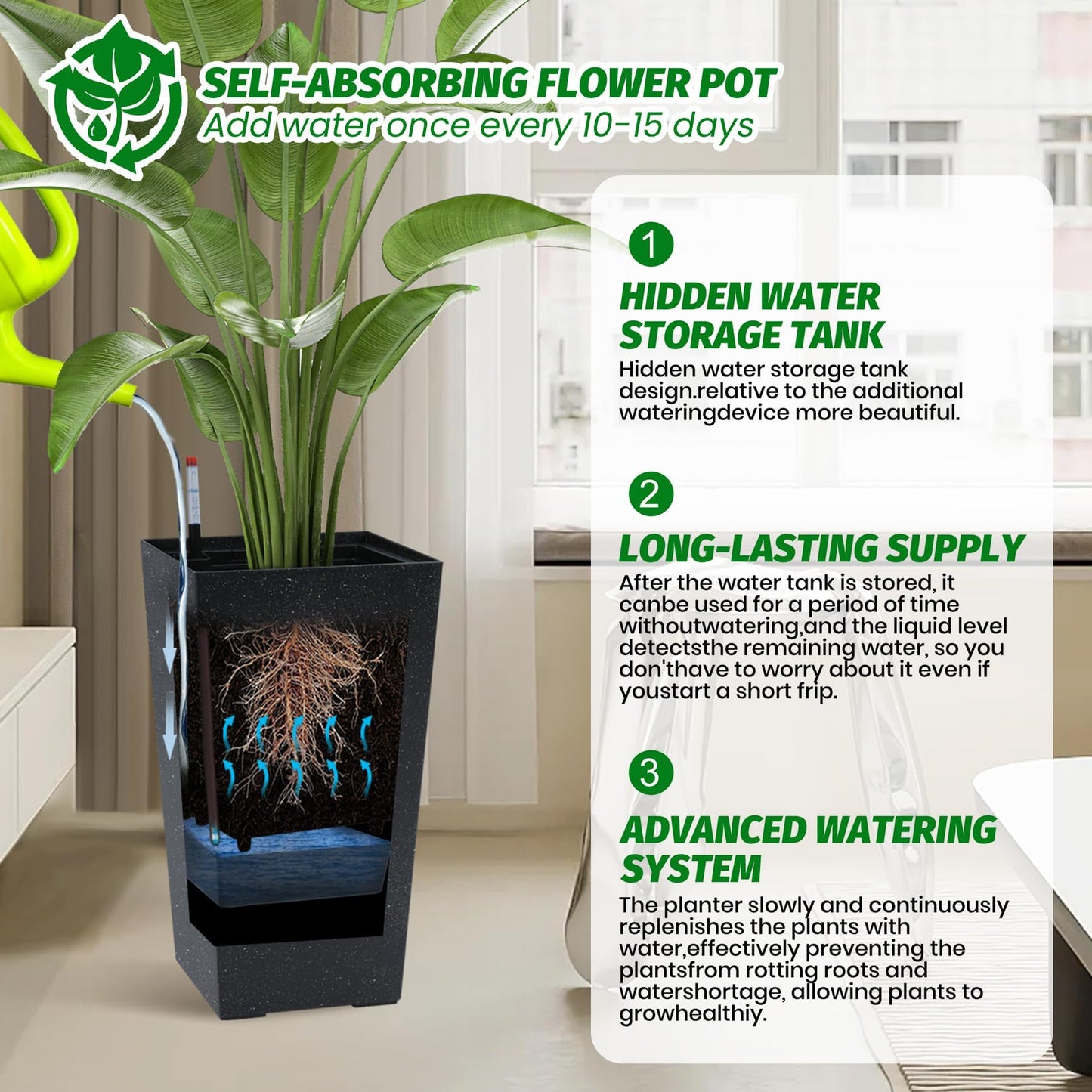 Liyaxenug Tall Planters Set of 2, 22.5 Inch Self-Watering Outdoor Indoor Plant Pot with Water Level Monitor & Drainage Holes, Large Modern Flower Pot with Inner Bucket, Trays & Wheels – Black