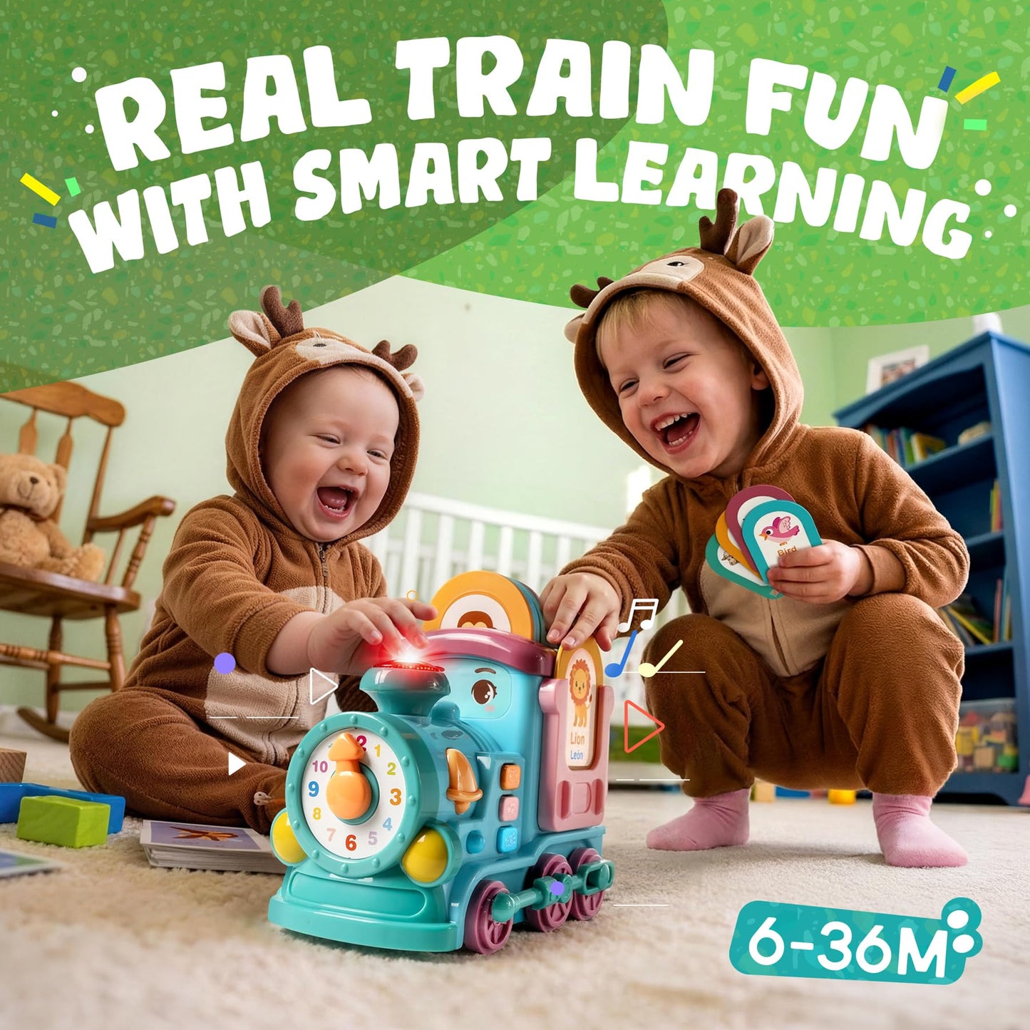 Gleesfun 1909B Musical Learning Train Toys, Toddlers Toys for 6-36 Months, Bump & Go 360° Rotation Electric Sensory Toy with English & Spanish Learning Cards, Educational Toys for Boys Girls Gift