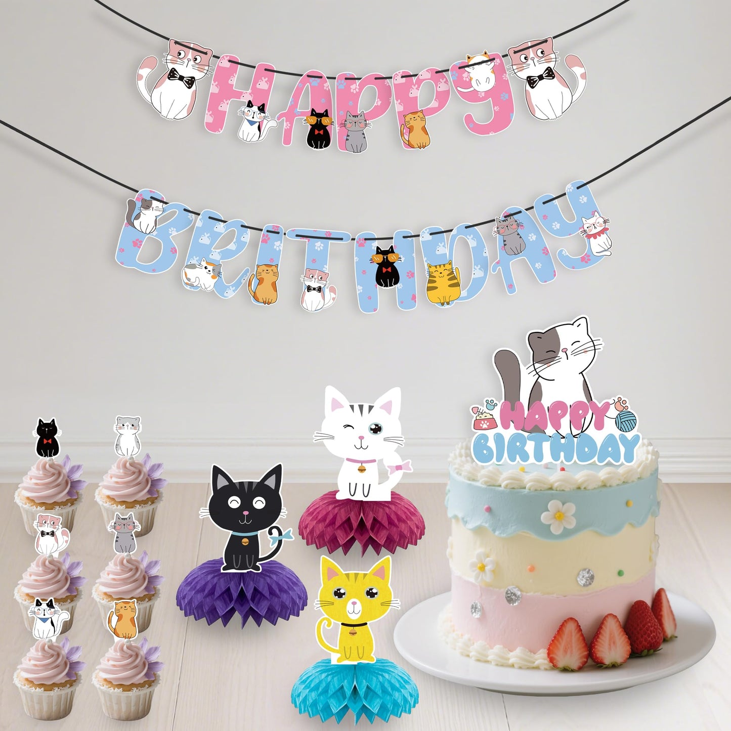 Cat Theme Birthday Party Supplies,15 PCS Happy Birthday Banner-NO DIY,6 Hanging Cutouts,6 Hanging Swirl Decor,1 Cake Topper,12 Cupcake Toppers,3 Birthday Honeycomb Party Decoration