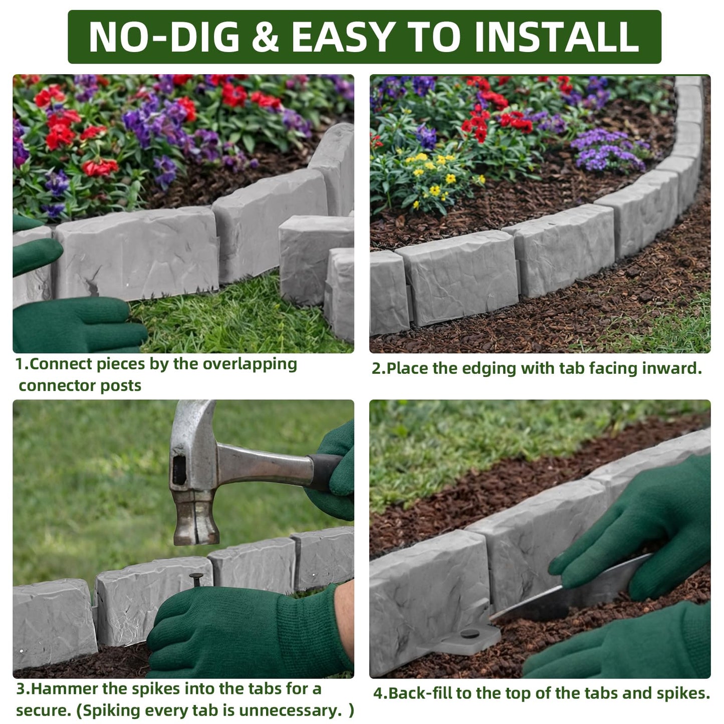 Landscape Edging Faux Stone Garden Edging Border,17FT x 2.75 in Tall Decorative Stone-Look Garden Border for Flower Bed Edging,Lawn,Landscaped Yard,Trees and Gardens,with Anchoring Spikes,Gray